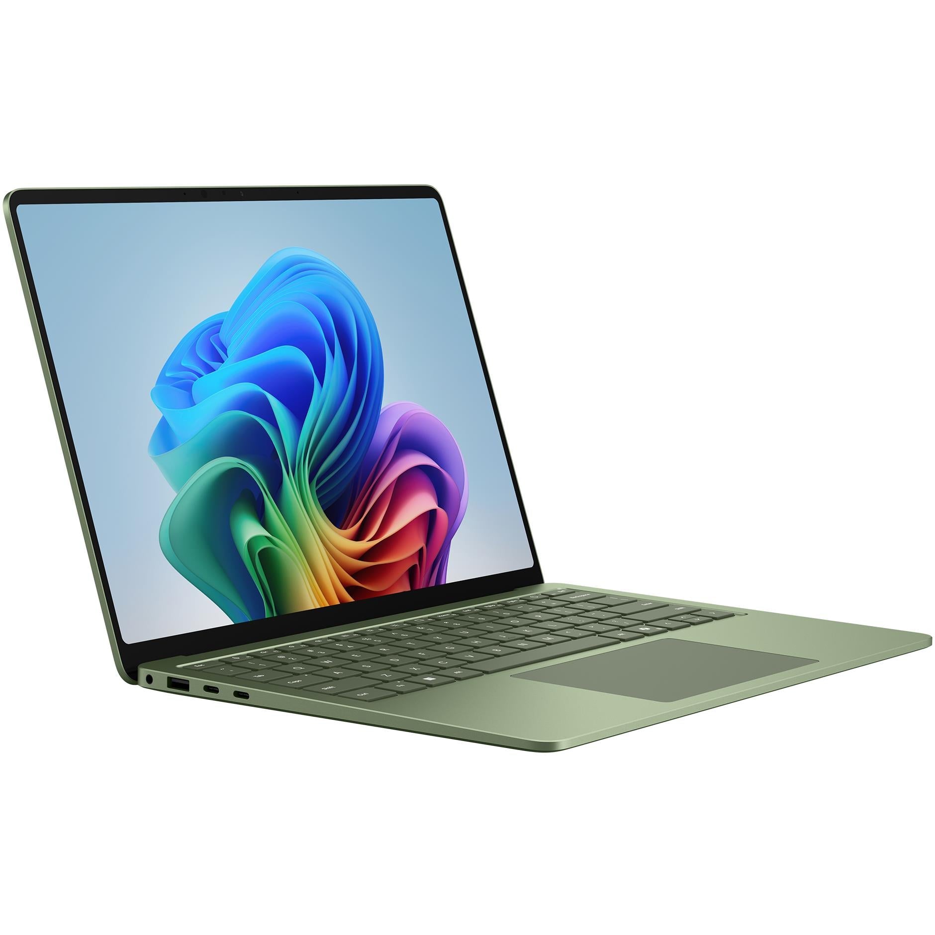 Jade green Surface Laptop with colorful desktop screen, open