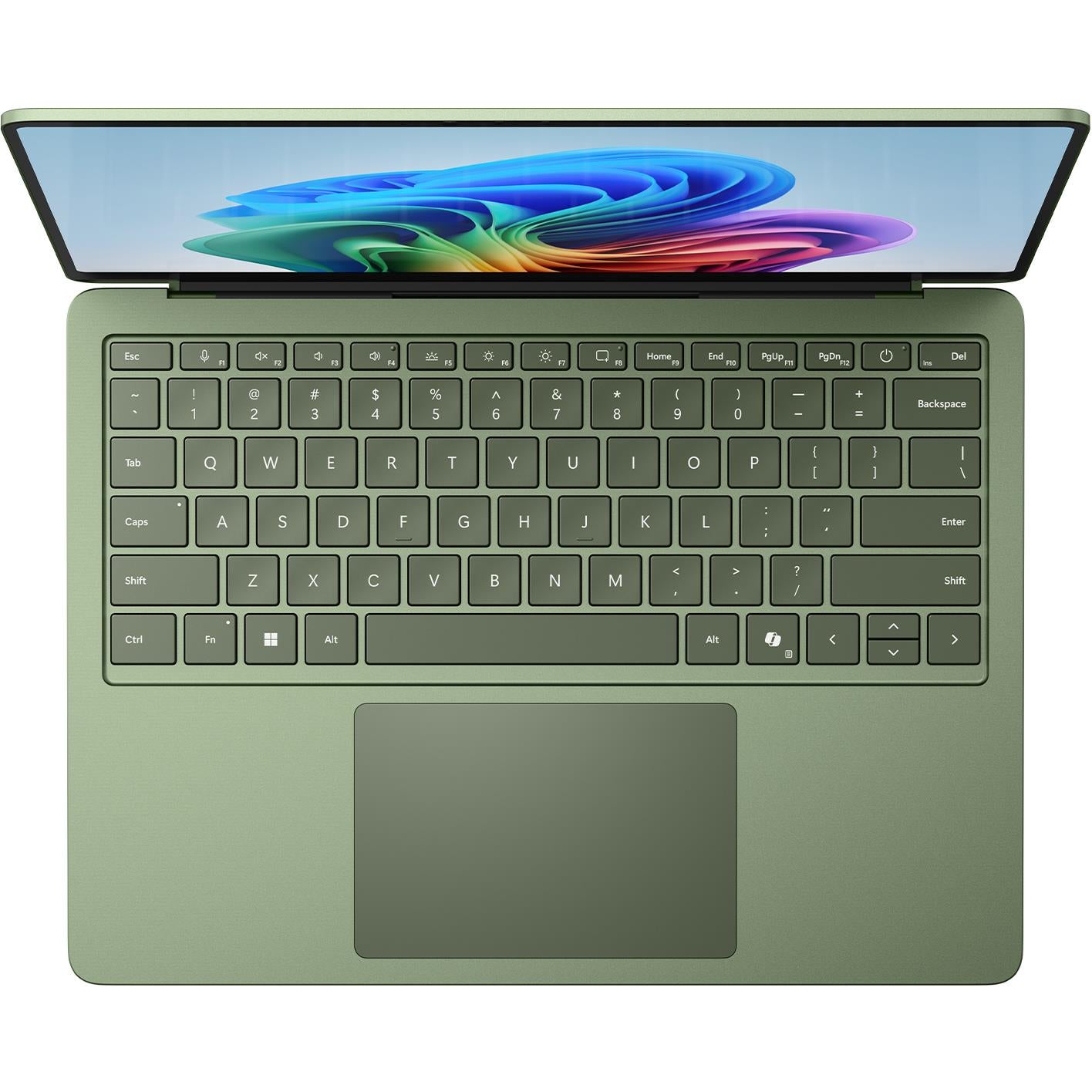 Jade green Surface Laptop open, keyboard and trackpad visible