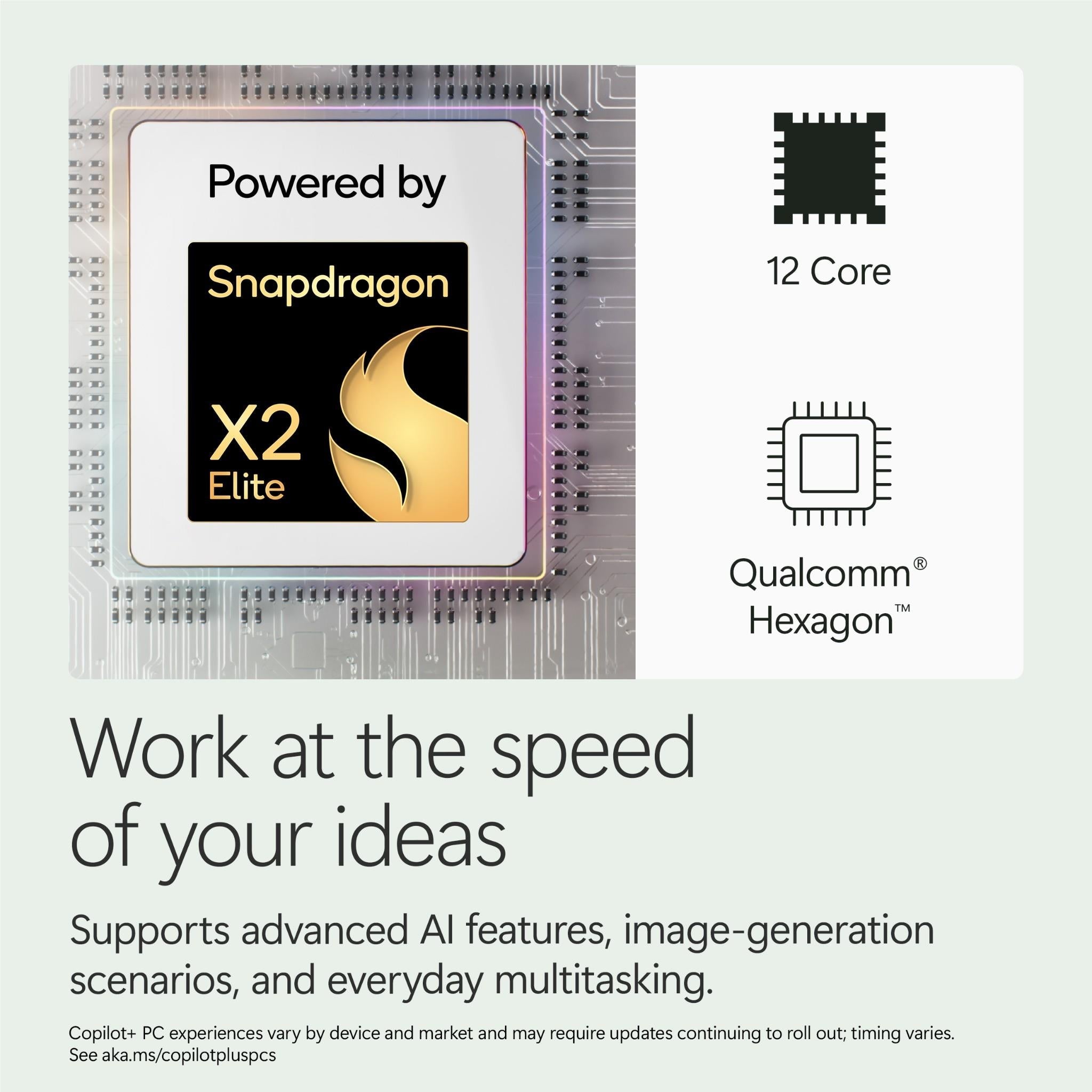 Surface Laptop processor graphic featuring Snapdragon X2 Elite and 12-core icons