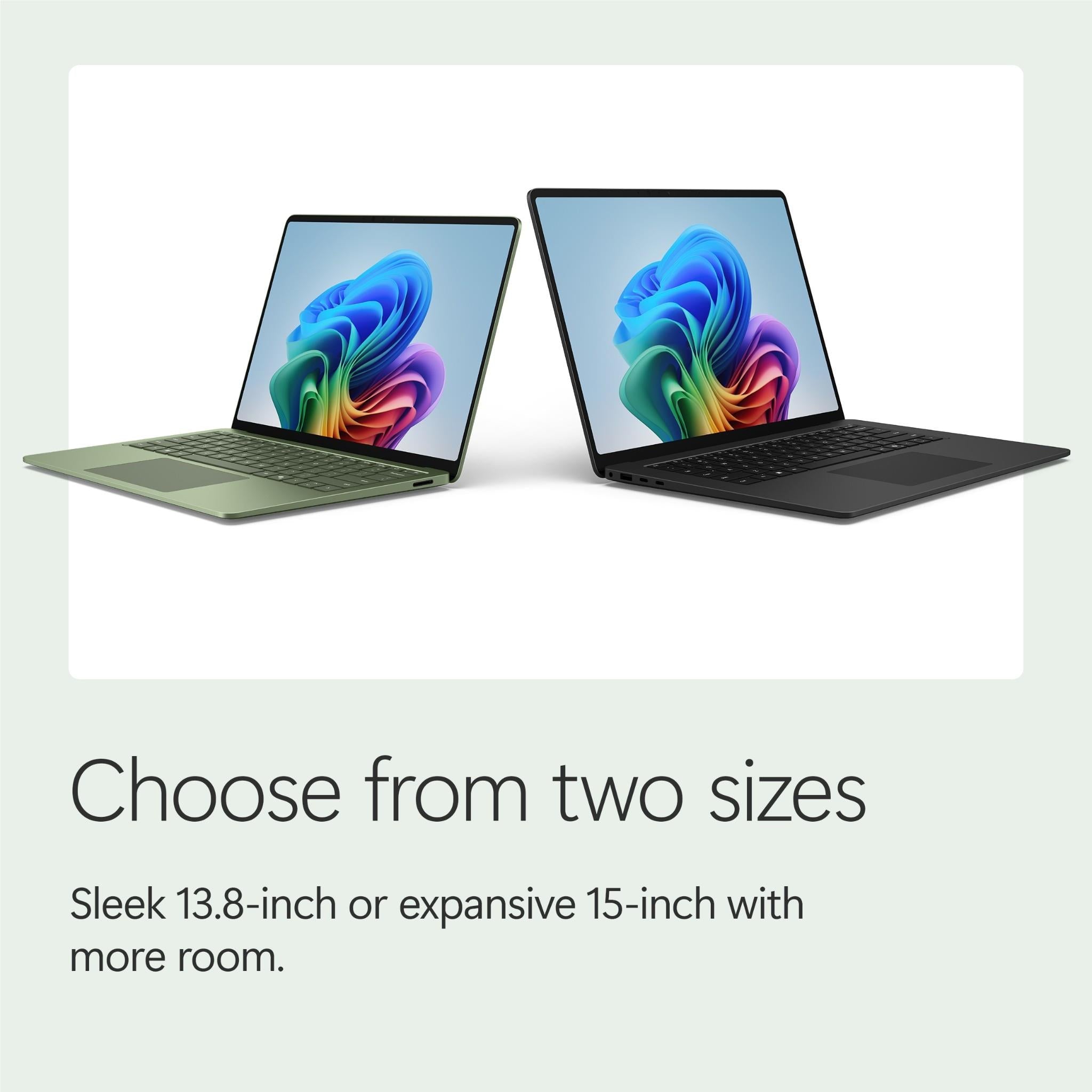 Two Surface Laptop sizes shown side by side, both with open displays