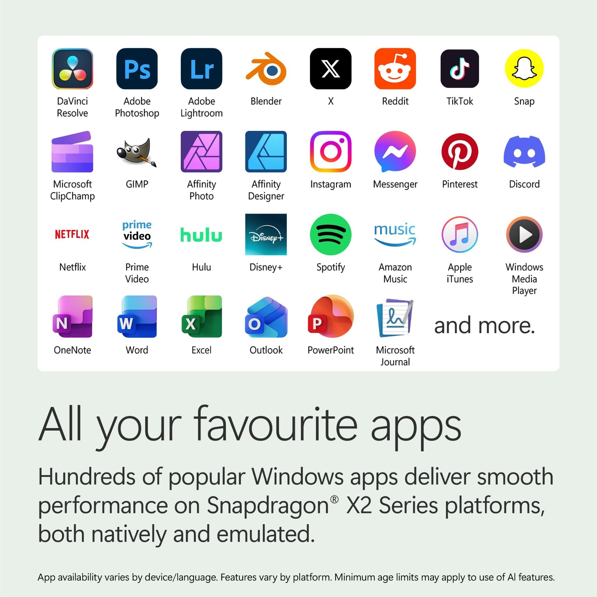 Surface Laptop apps graphic with rows of popular Windows app icons