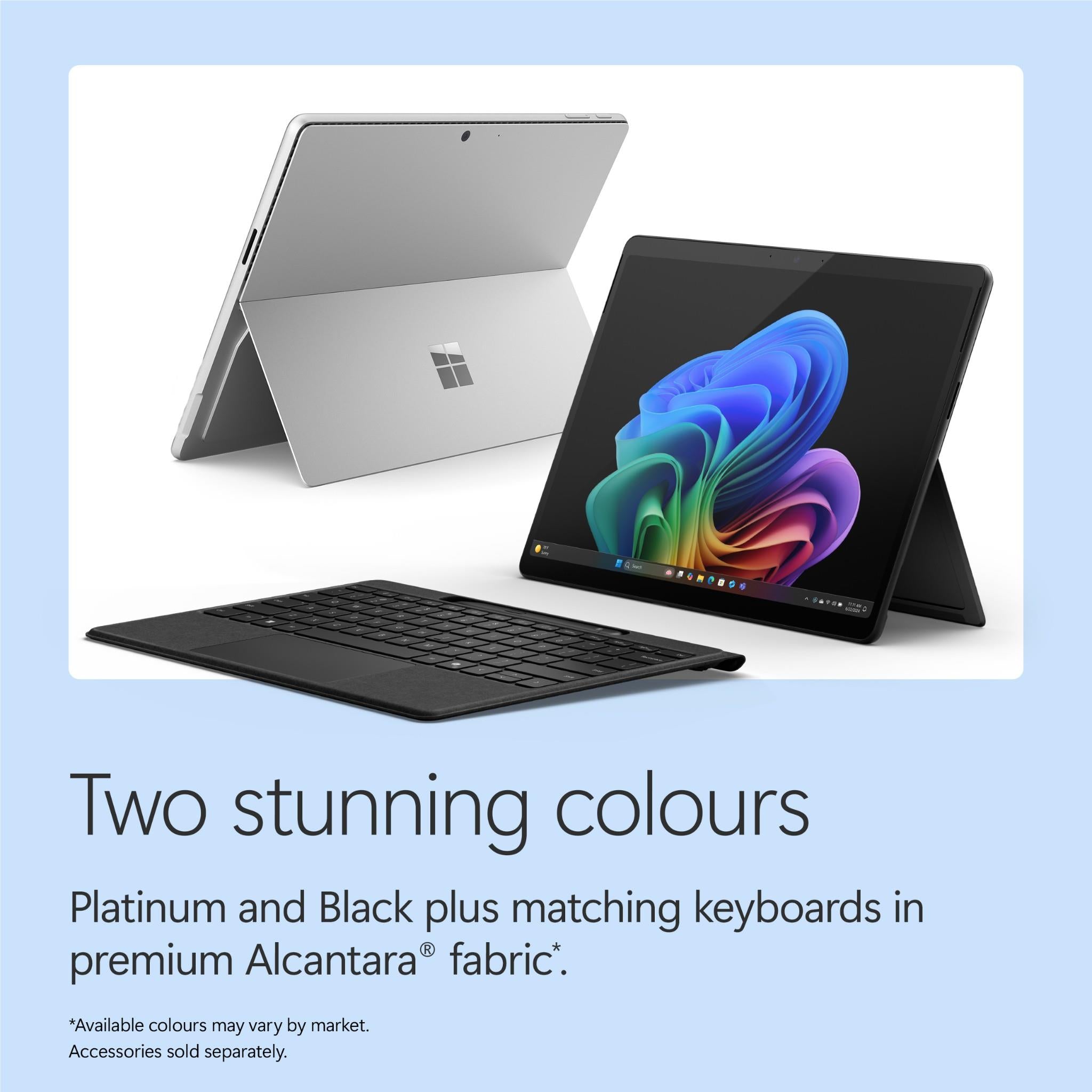 Black Microsoft Surface Pro tablet with detachable keyboard, angled stand with touchscreen