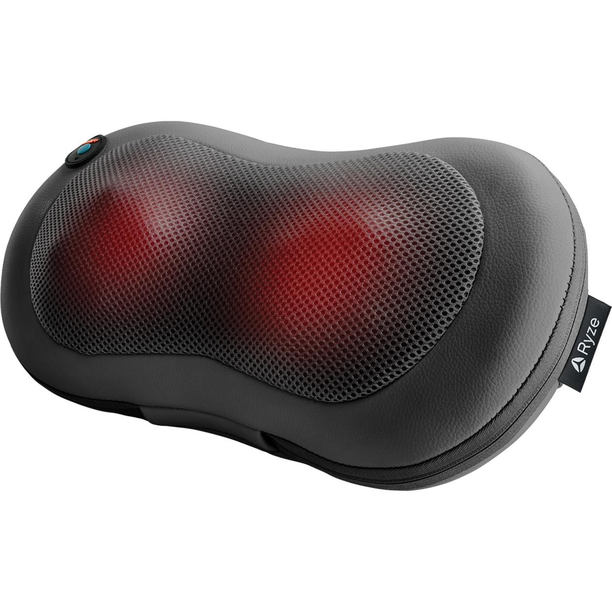 Black ergonomic shiatsu massage pillow with mesh headrest and control button