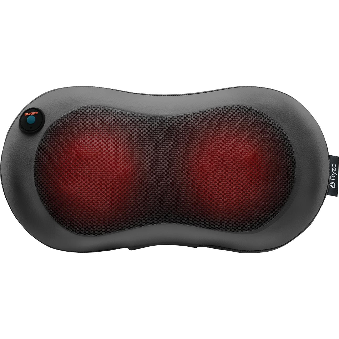 Black shiatsu massage pillow with two-sided mesh massage pads and RYZE logo
