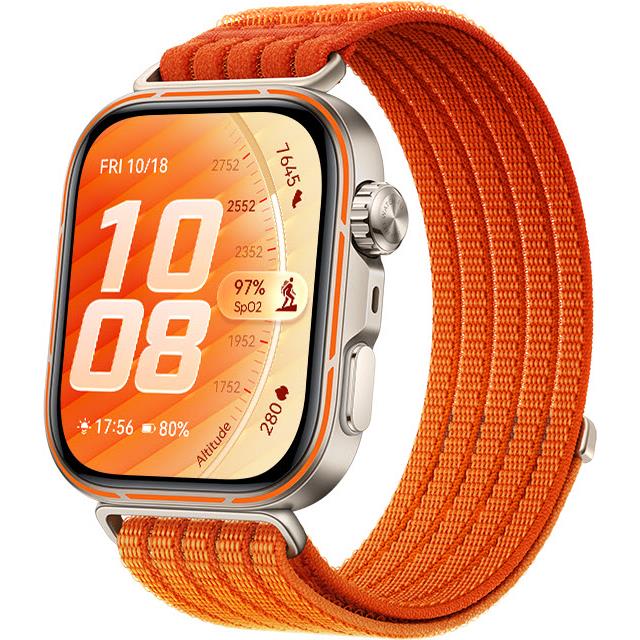 Sports smartwatch with orange nylon strap, front view with fitness display