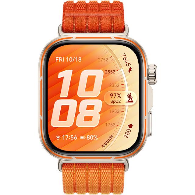 Sports smartwatch with orange nylon strap, square screen facing forward