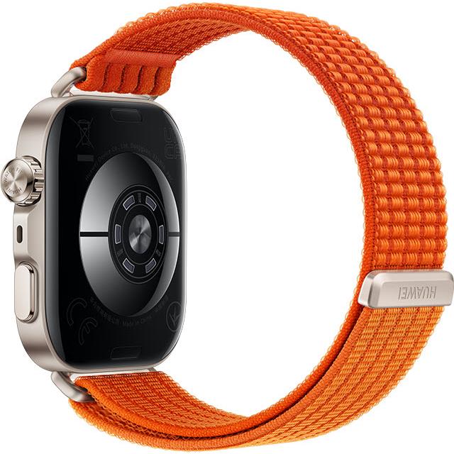 Sports smartwatch with orange nylon strap, side view showing metal buttons