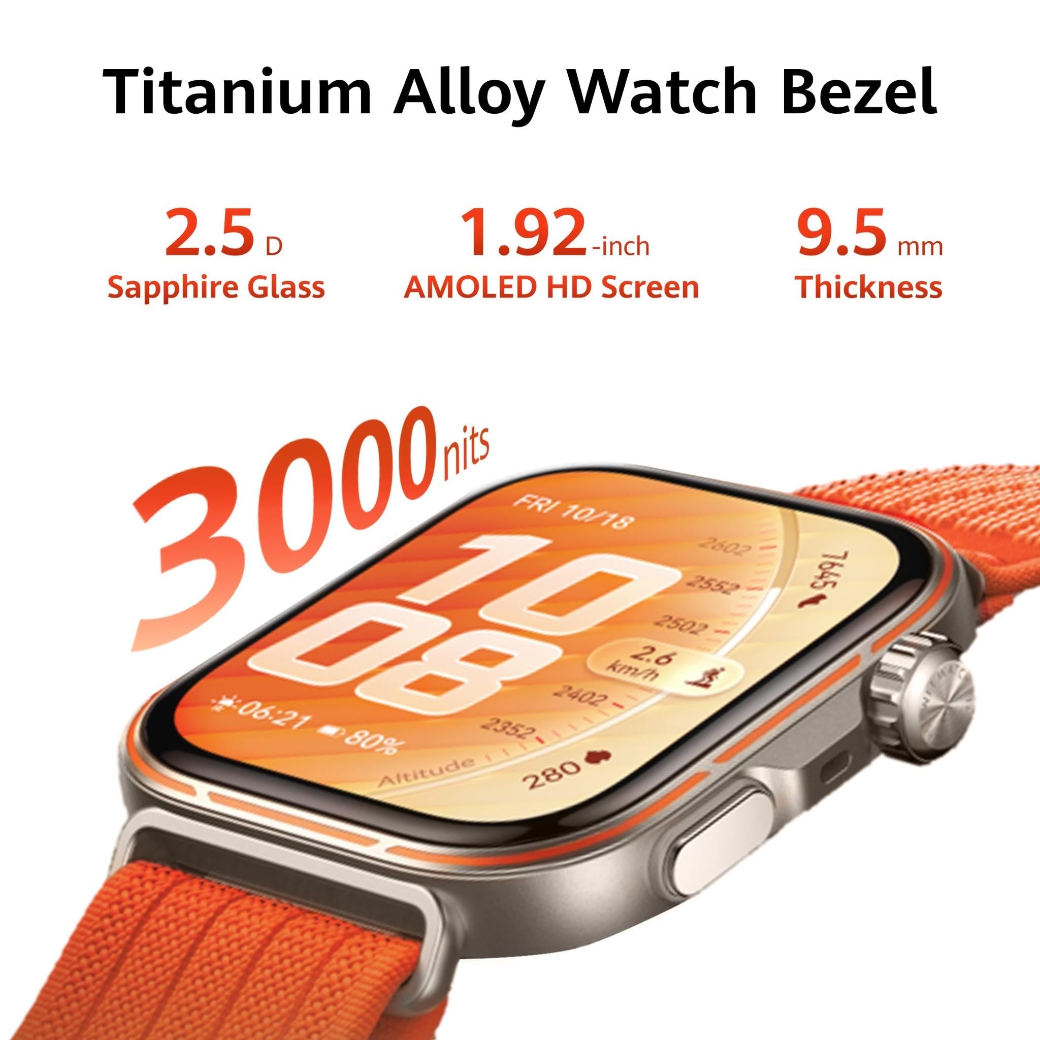Sports smartwatch close-up with orange strap and rounded titanium-like bezel