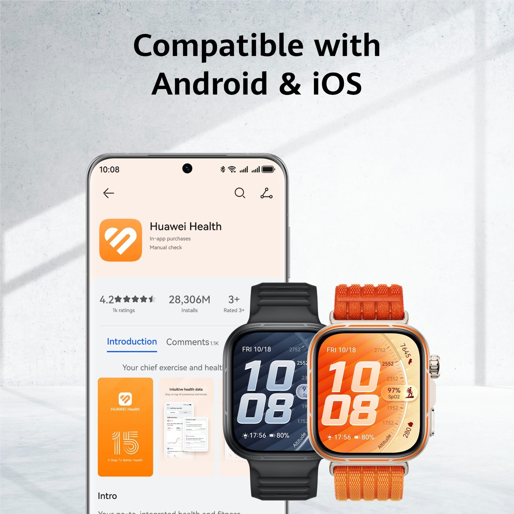 Sports smartwatch with orange nylon strap next to smartphone app screen
