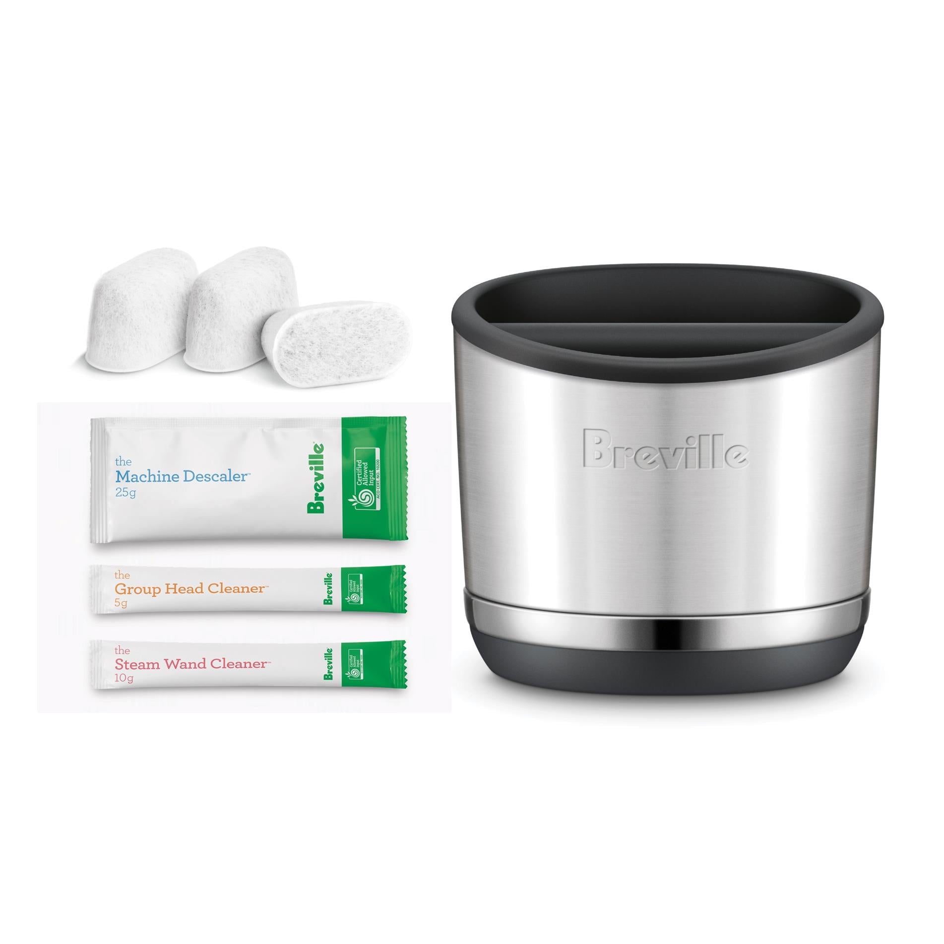 Stainless steel Breville espresso starter pack bundle with cleaning tablets and cloths