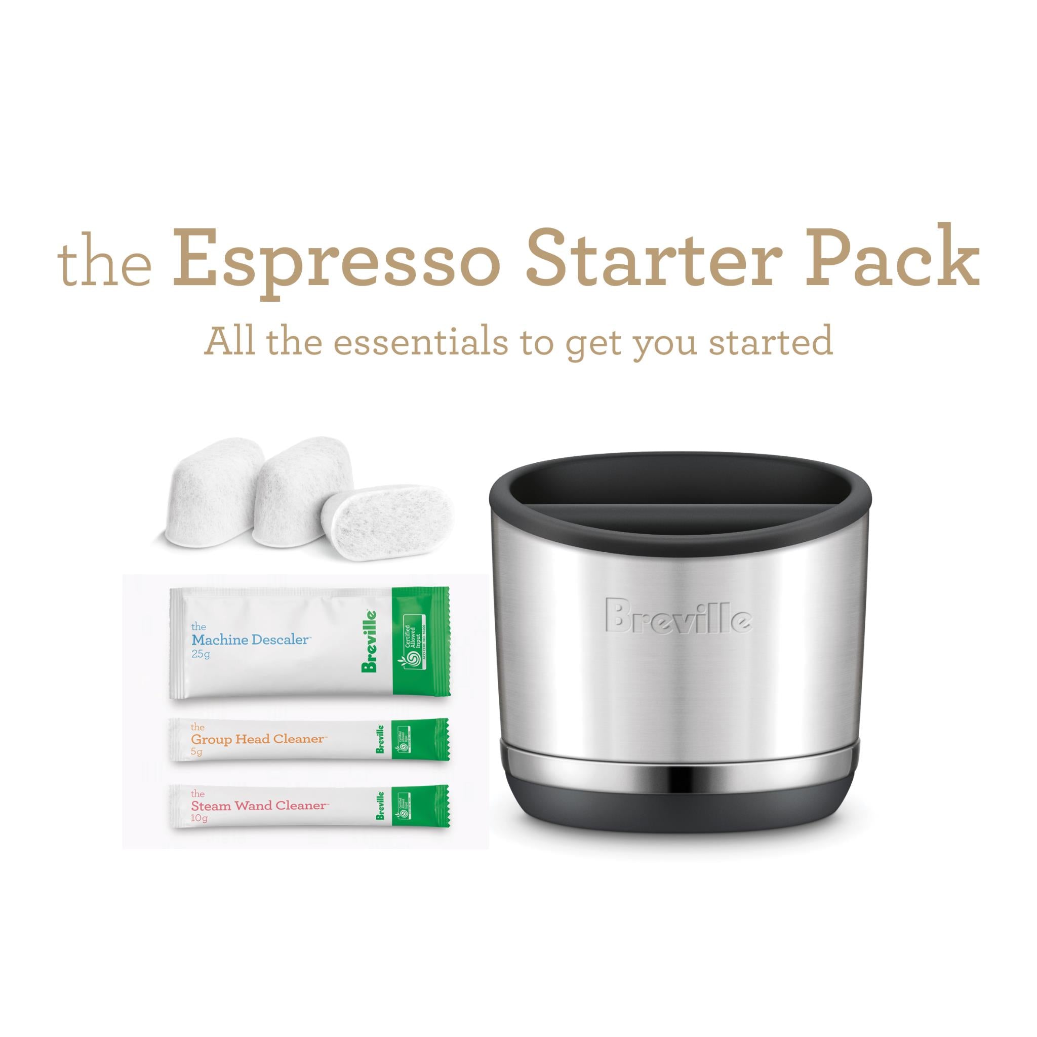 Stainless steel Breville espresso starter pack with cleaning tablets and descaler