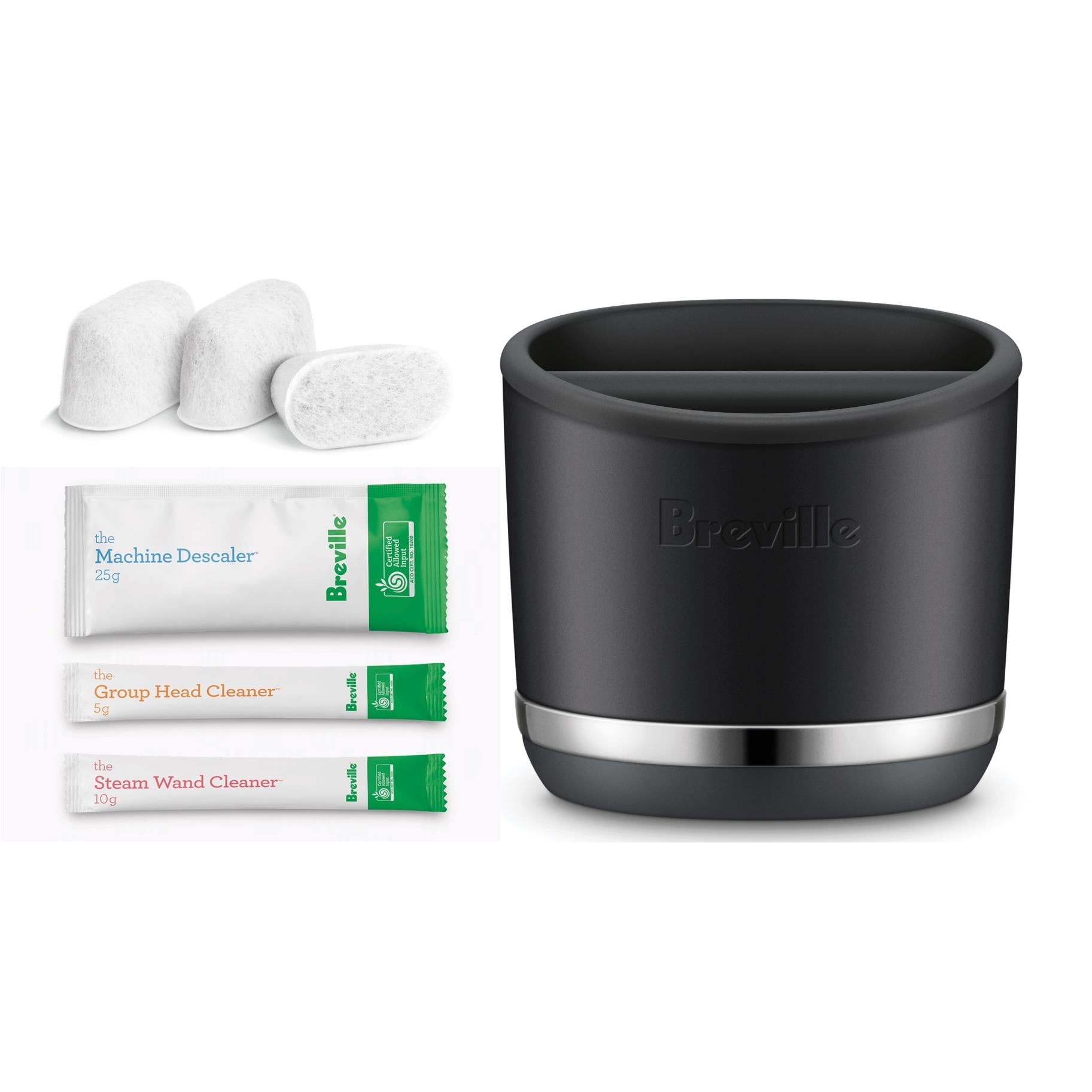 Breville espresso machine starter accessories: black cup, descaler packets, cleaning tablets