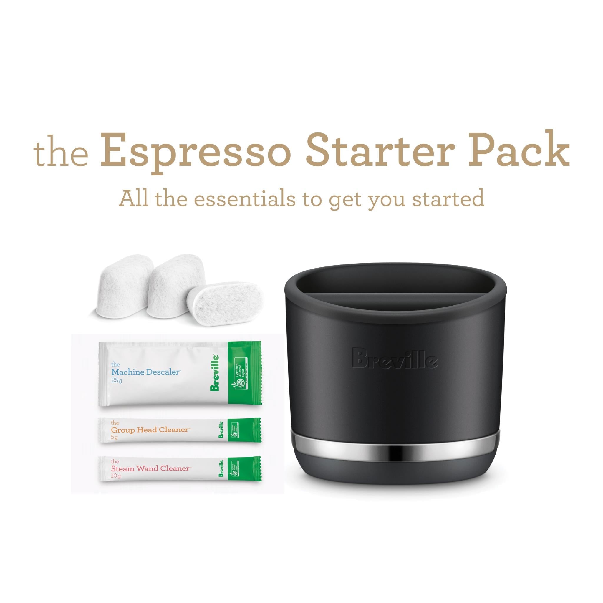 Breville Espresso Starter Pack items with black machine container and cleaning packets