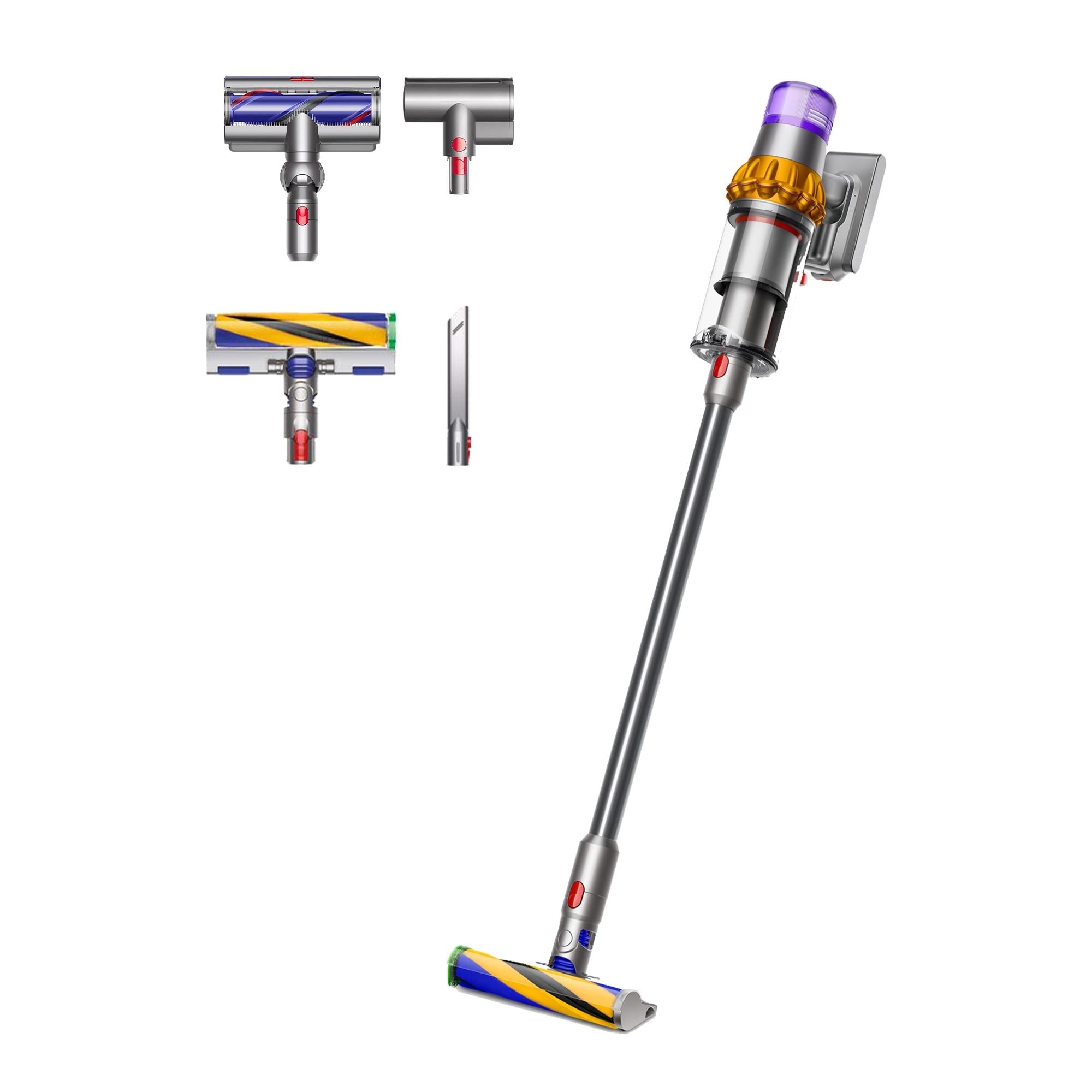 Dyson cordless stick vacuum with floor cleaning head and purple dust canister