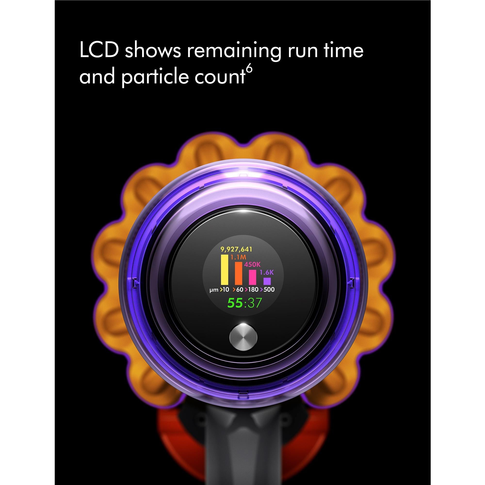 Dyson cordless stick vacuum LCD display with remaining run time reading