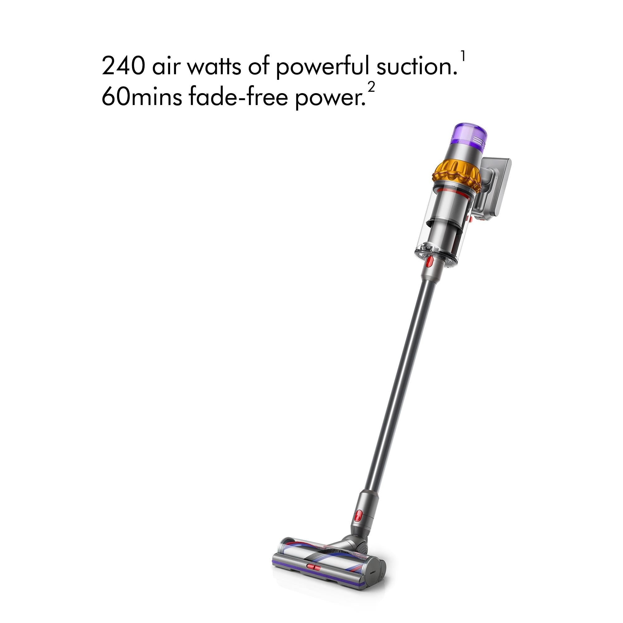 Dyson cordless stick vacuum with purple bin and brush floor tool
