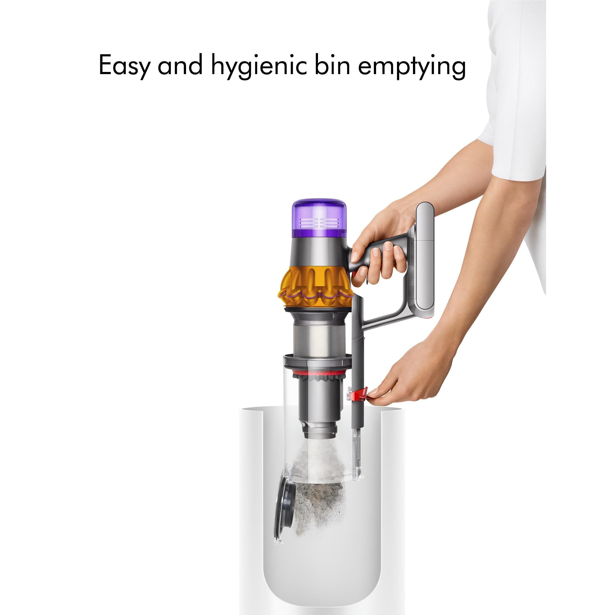 Dyson cordless stick vacuum with bin release and emptying chamber