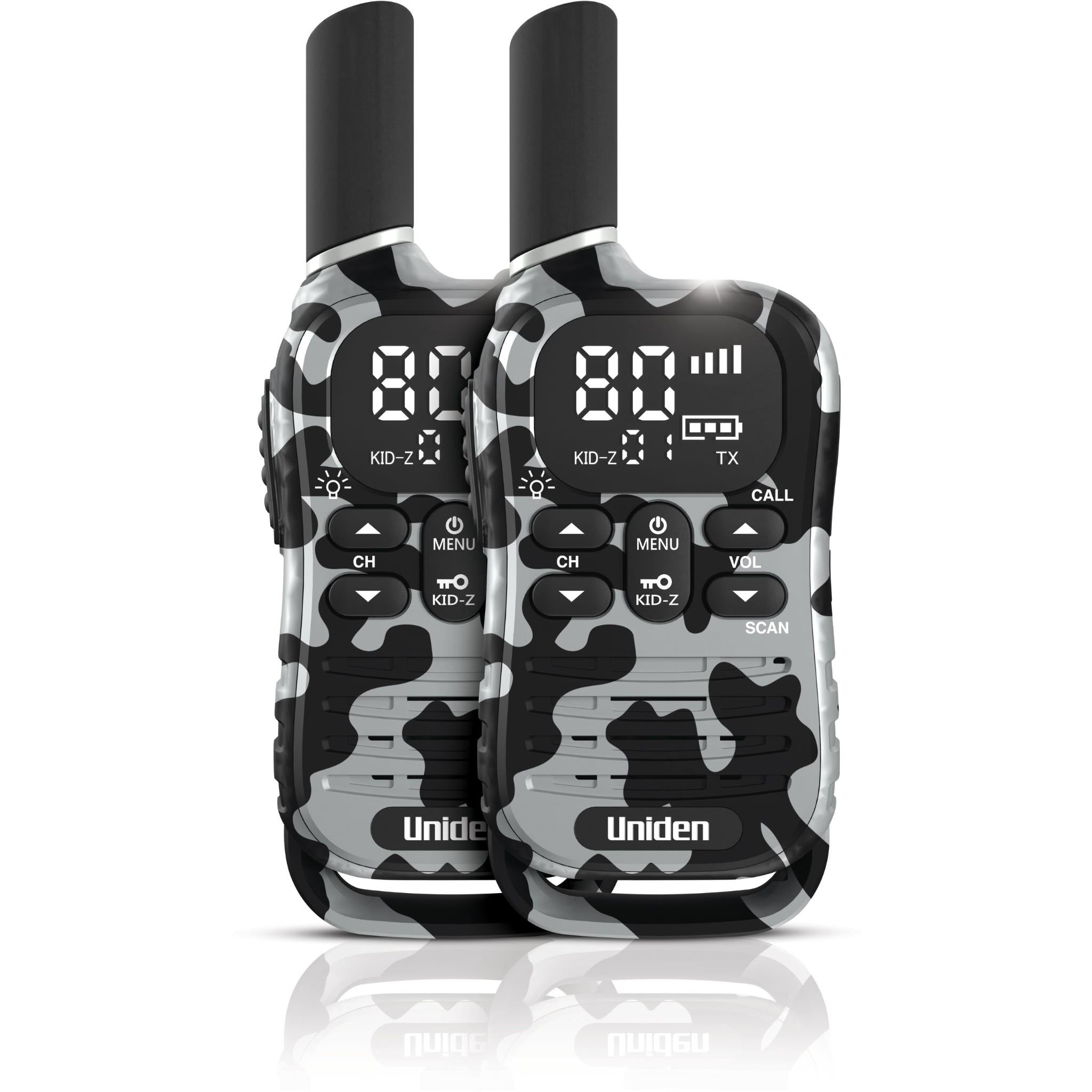 Camouflage UHF kid-zone radios (2-pack), front view with backlit screen