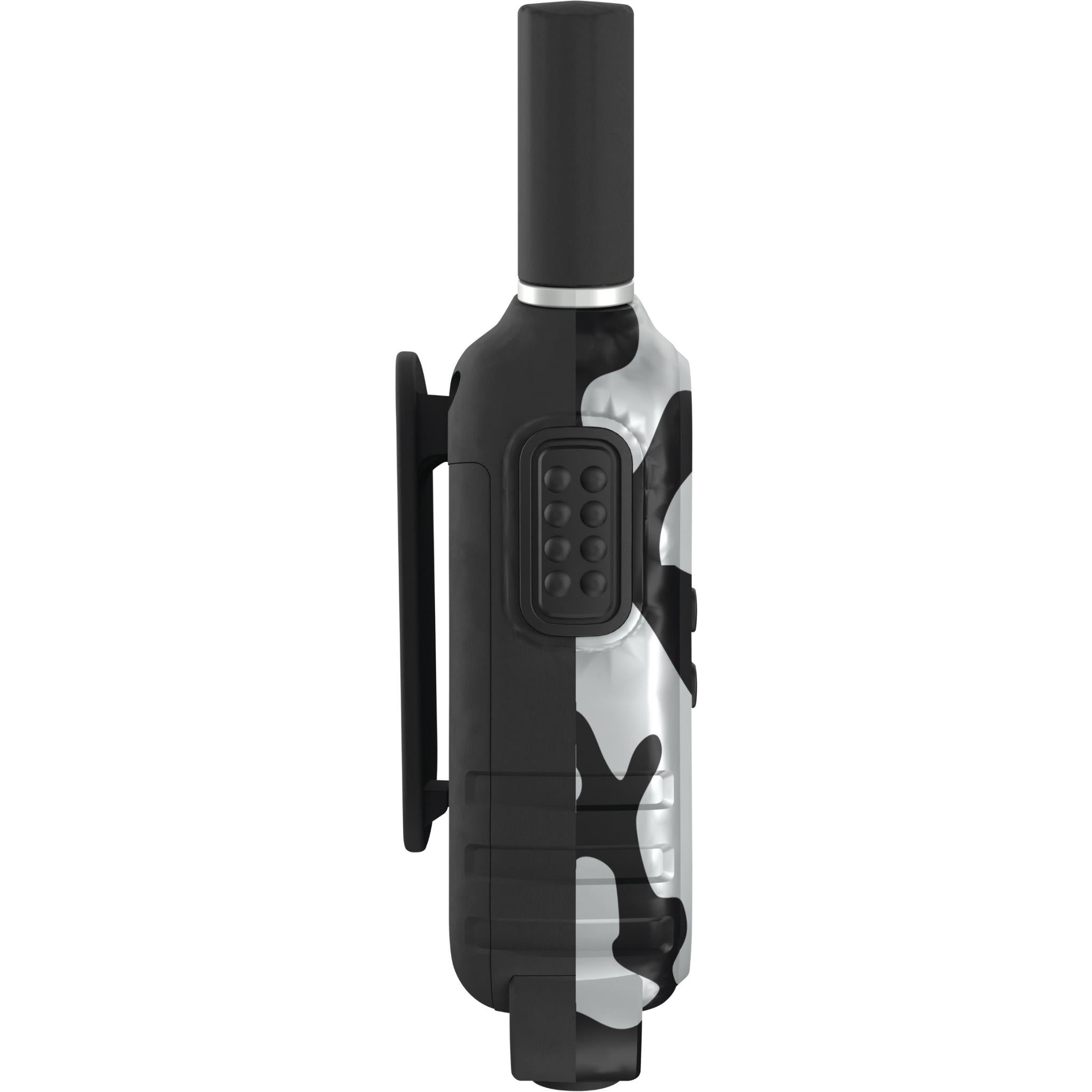 Camouflage UHF kid-zone radio, side view with antenna and belt clip