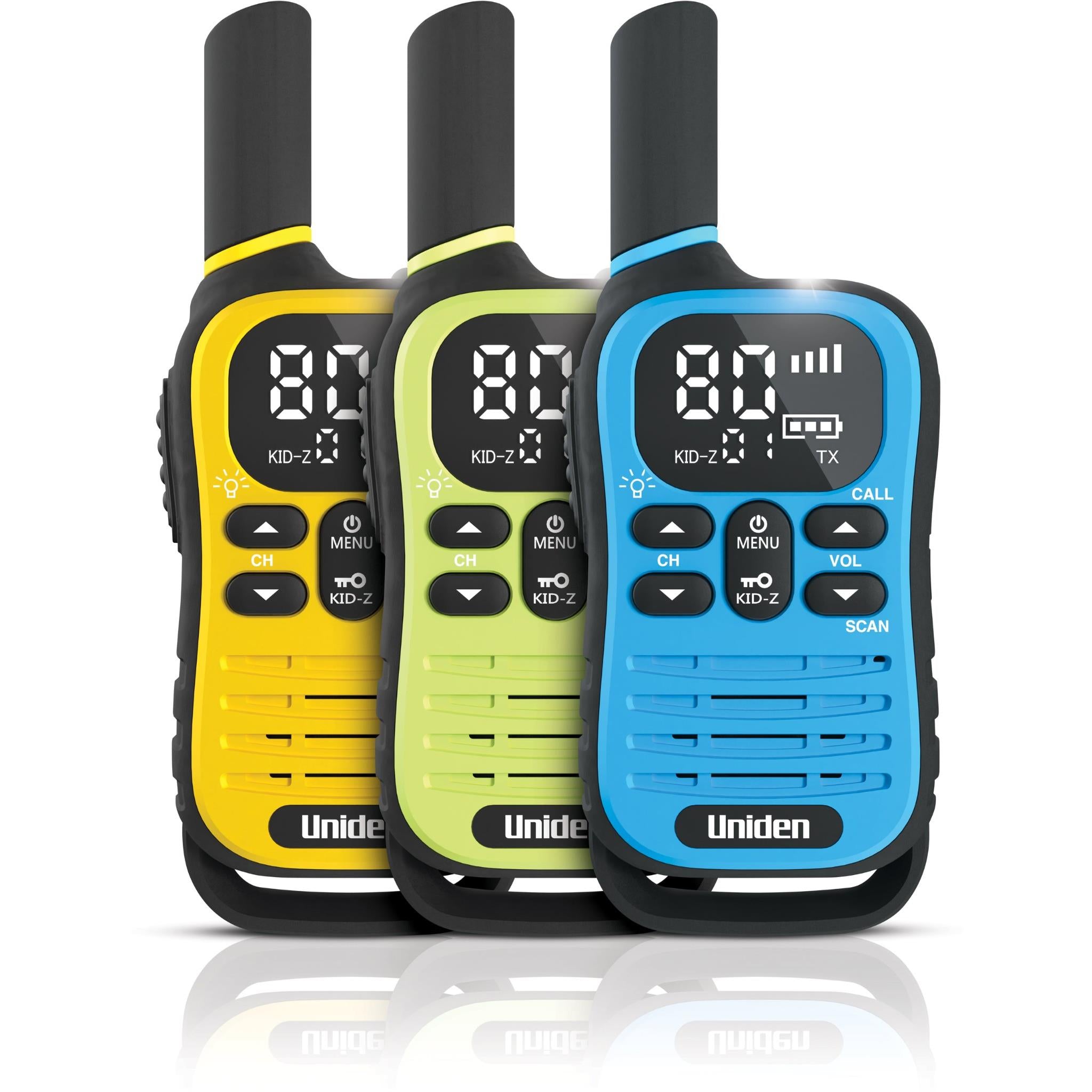 Set of three Uniden UHF kid-zone radios: yellow, green, and blue with LCD screens