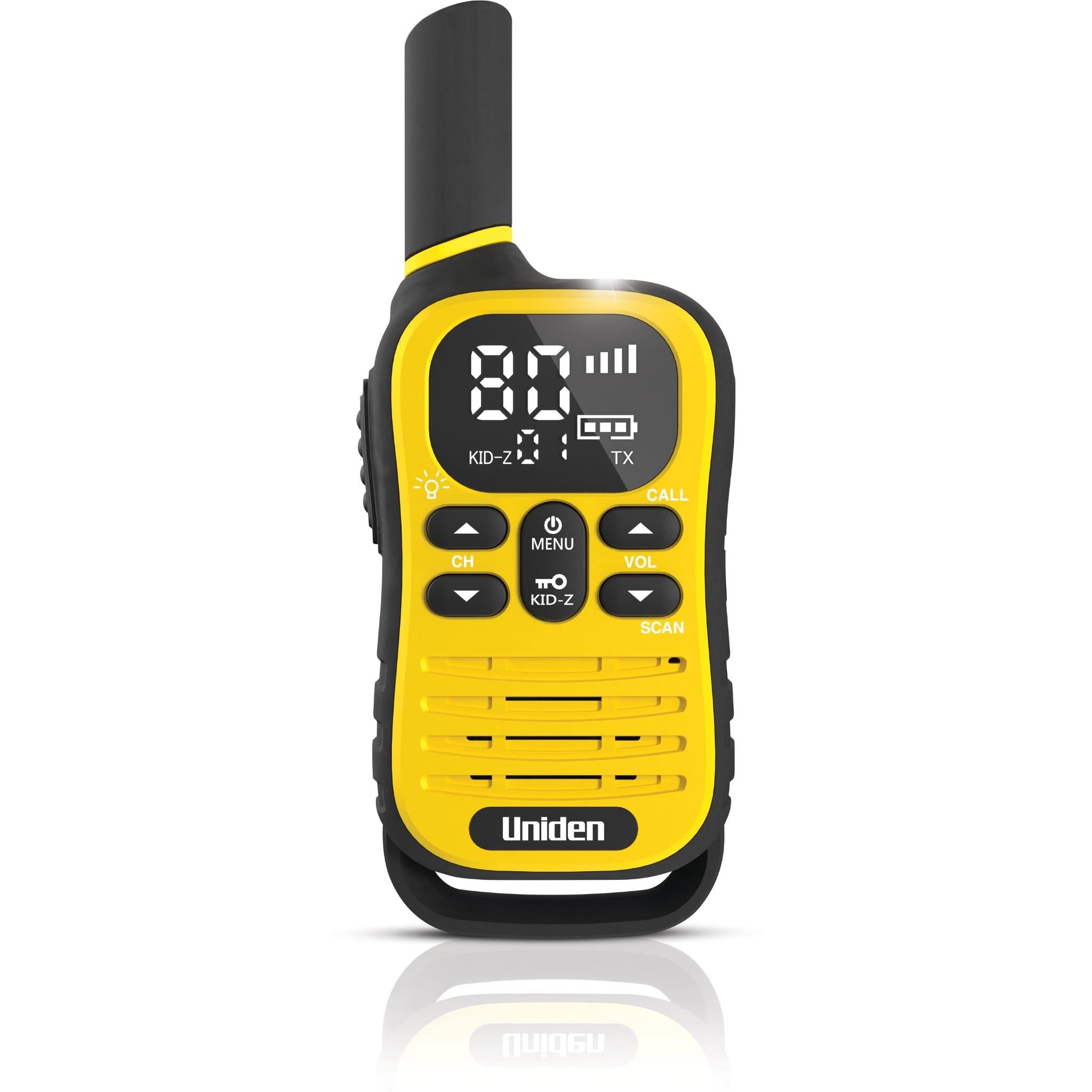 Uniden UHF kid-zone radio in yellow with buttons and LCD display