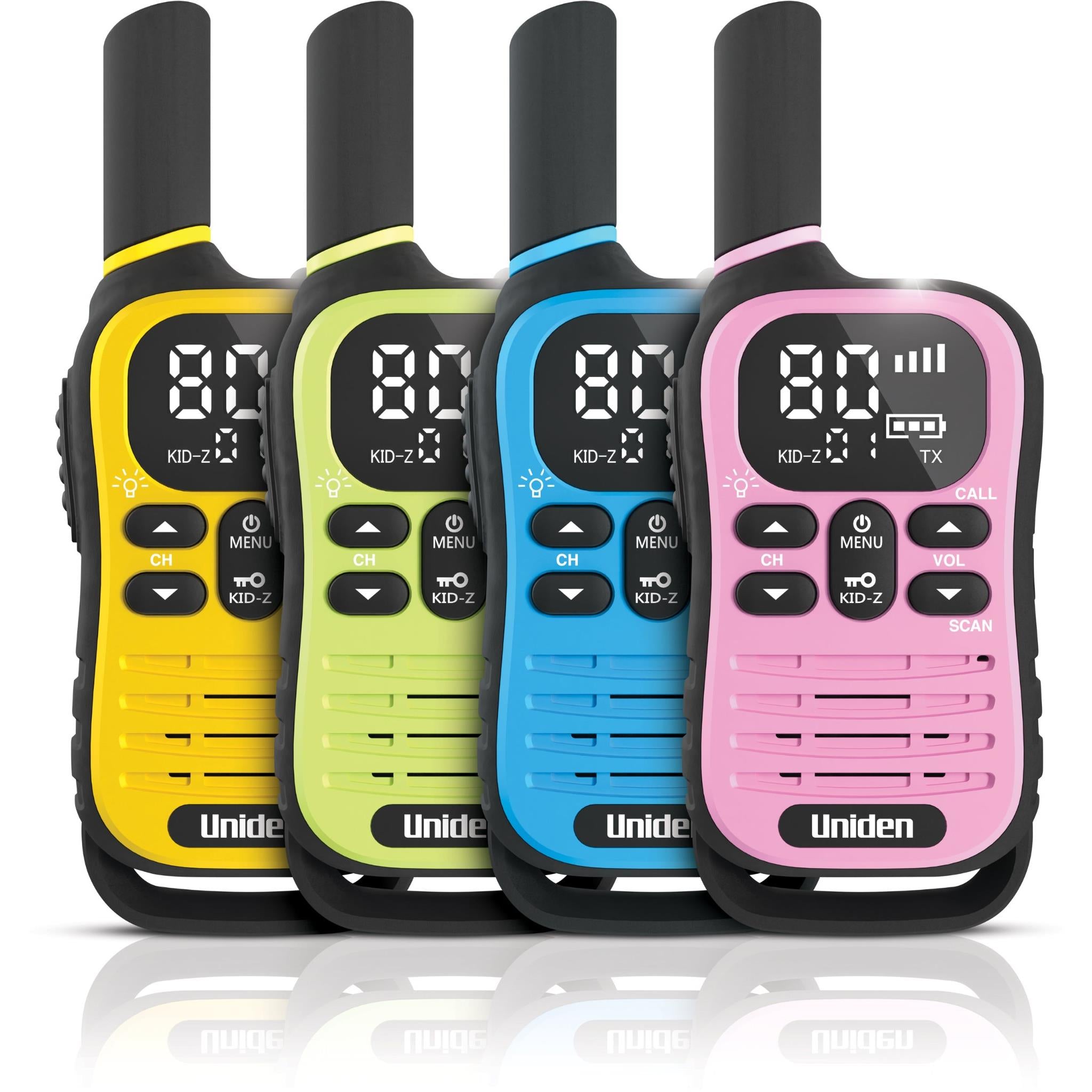 Uniden Kid-Zone Plus UHF radio 4-pack, yellow green blue and pink front views