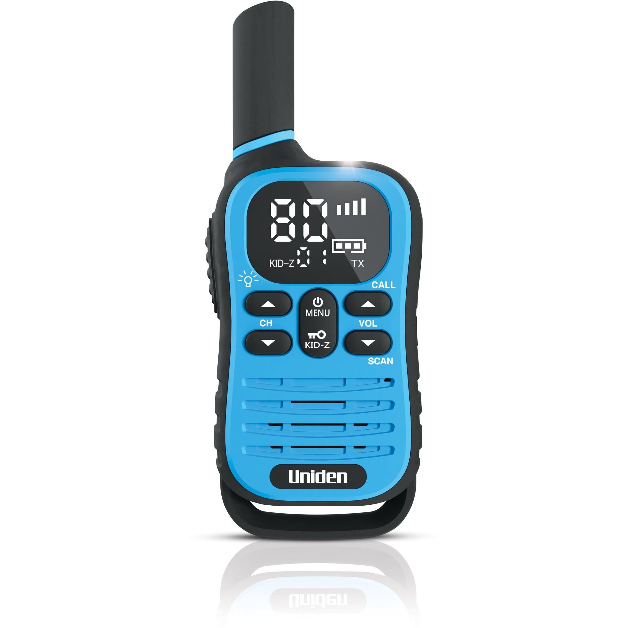 Uniden Kid-Zone Plus UHF radio, blue front with LCD and keypad controls