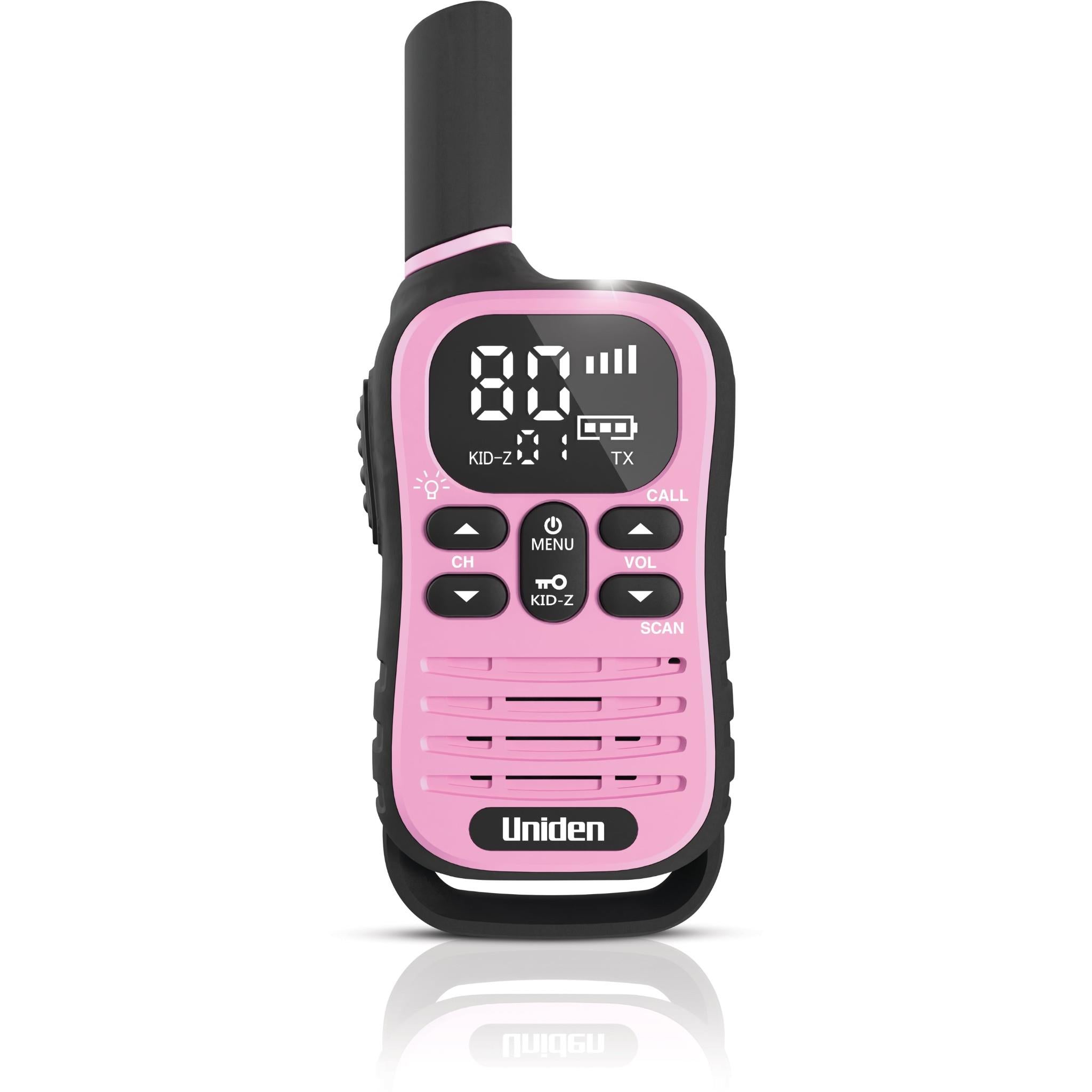 Uniden Kid-Zone Plus UHF radio, pink front with LCD and keypad controls