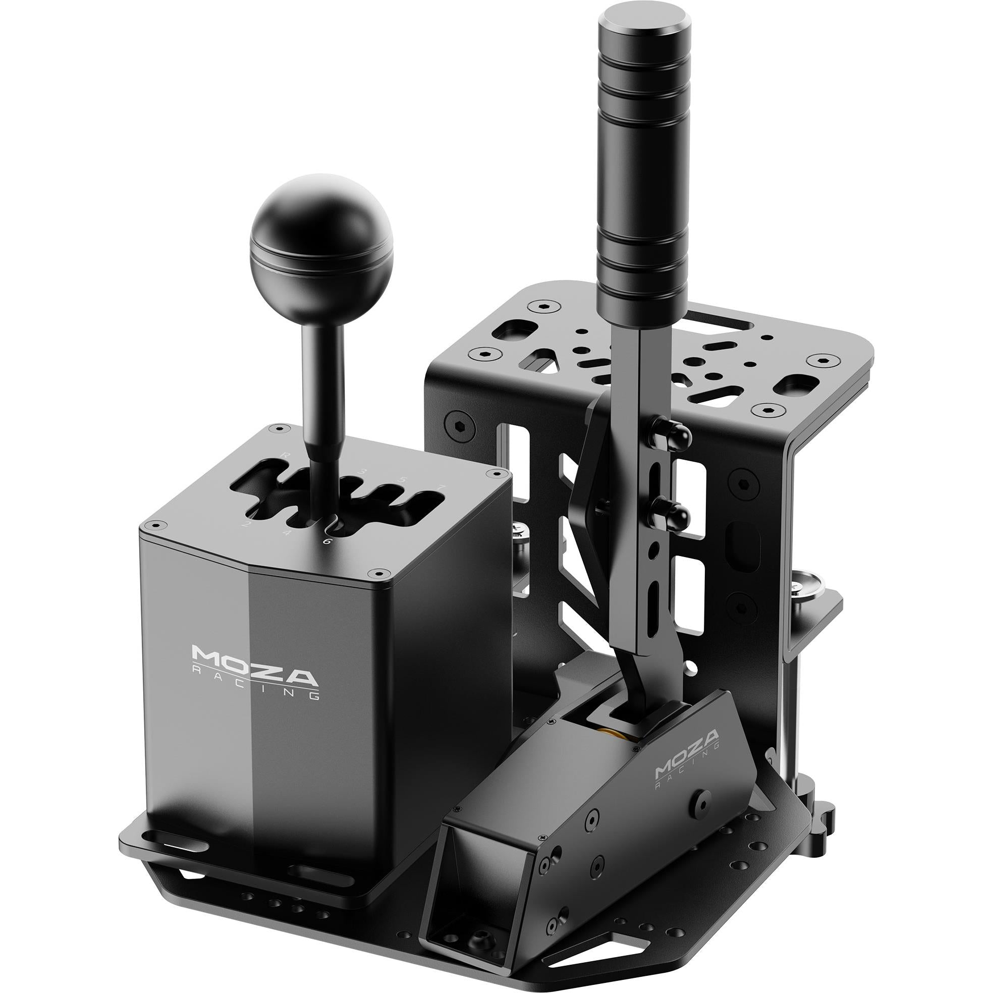 MOZA steel mounting base with tall lever grips and perforated platform plates