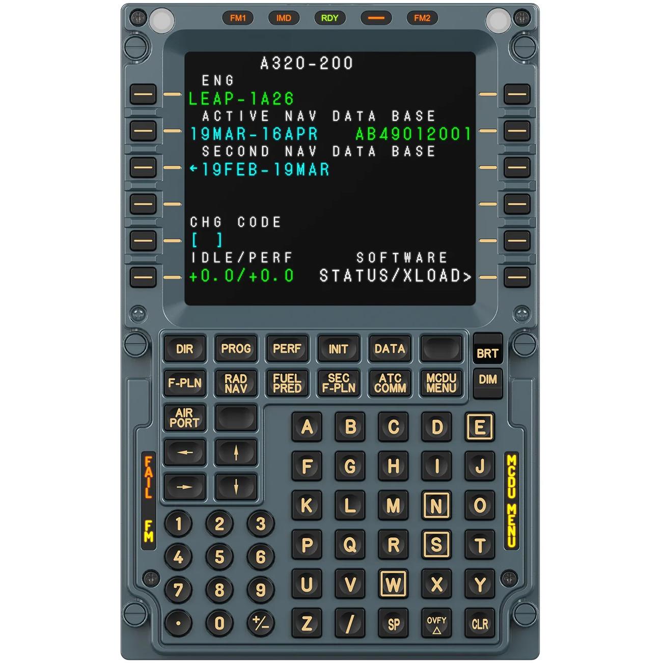 Grey Airbus-style MCDU flight computer display with backlit keypad and screen