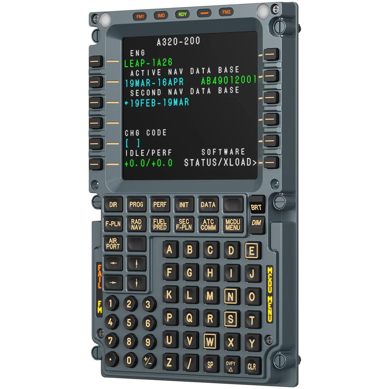 Grey Airbus-style MCDU flight computer display, full front keypad and lit screen