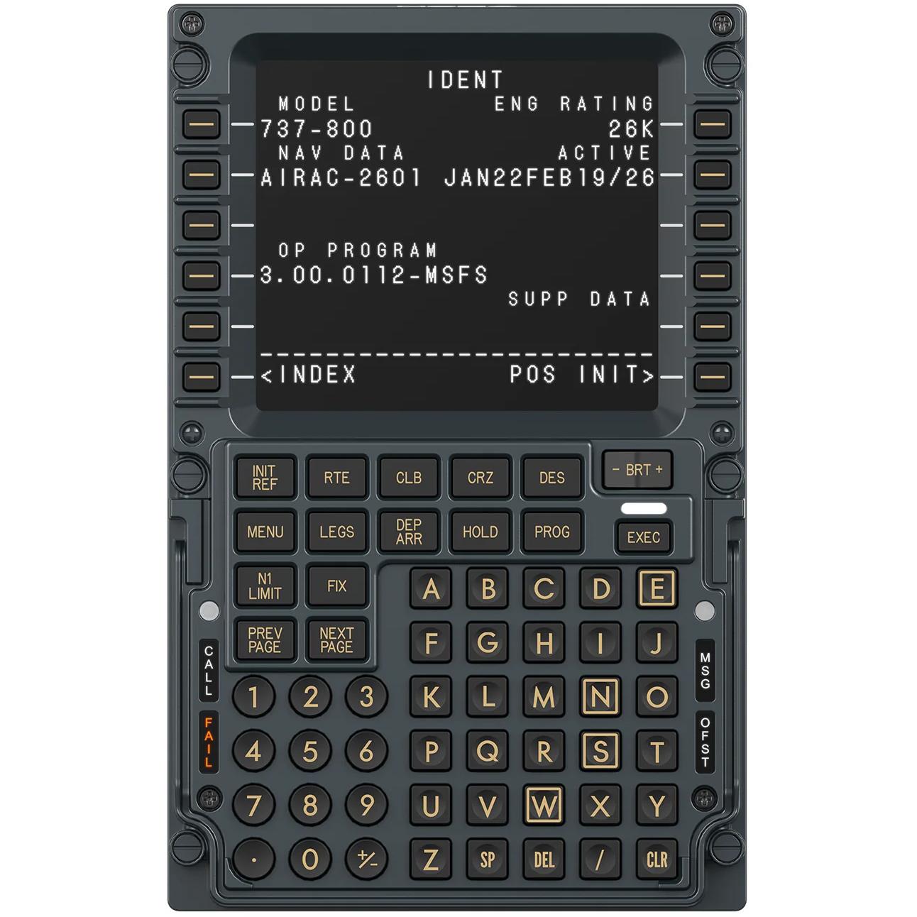 Black CDU flight computer display with screen and keypad buttons