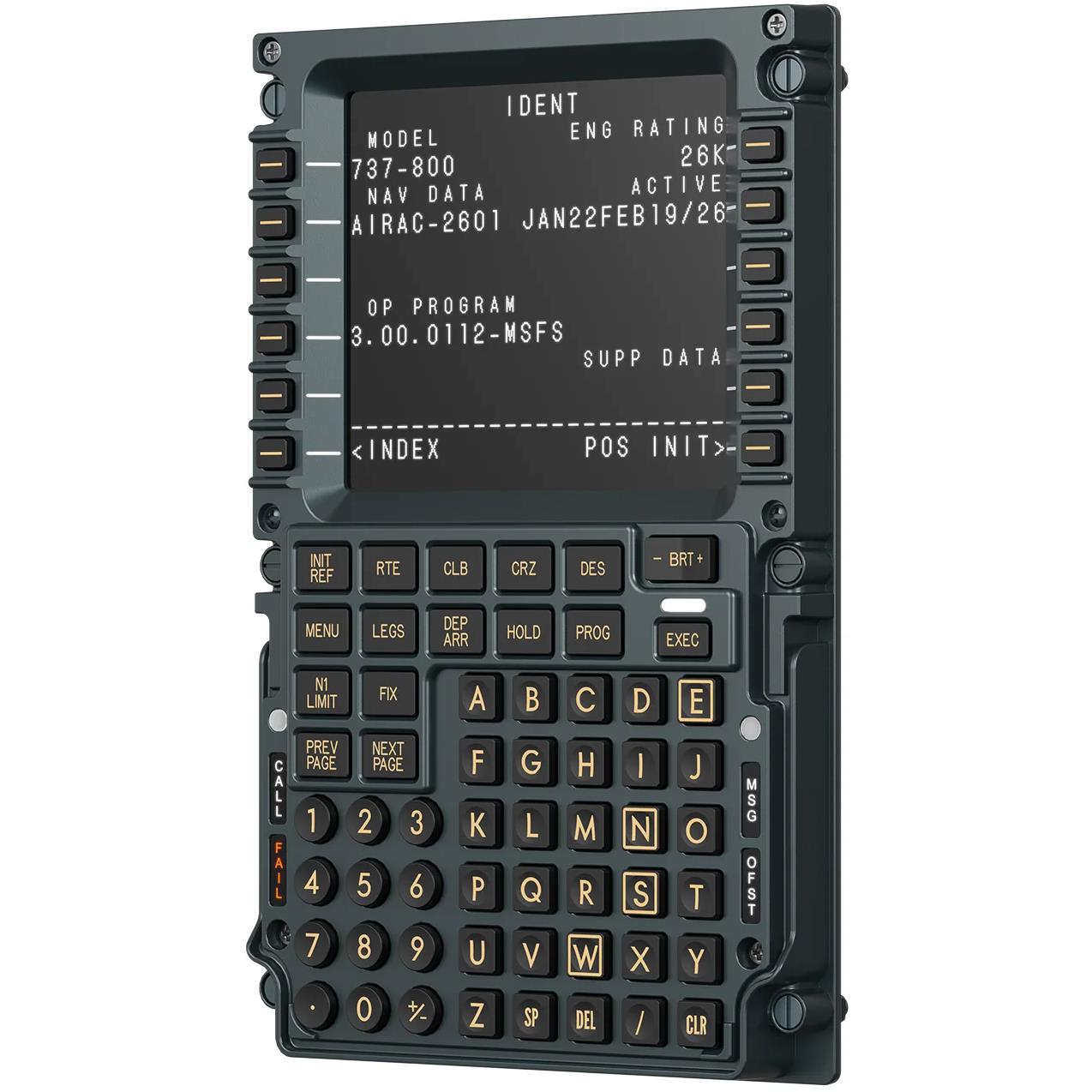 Black CDU flight computer display with LCD screen and full keypad