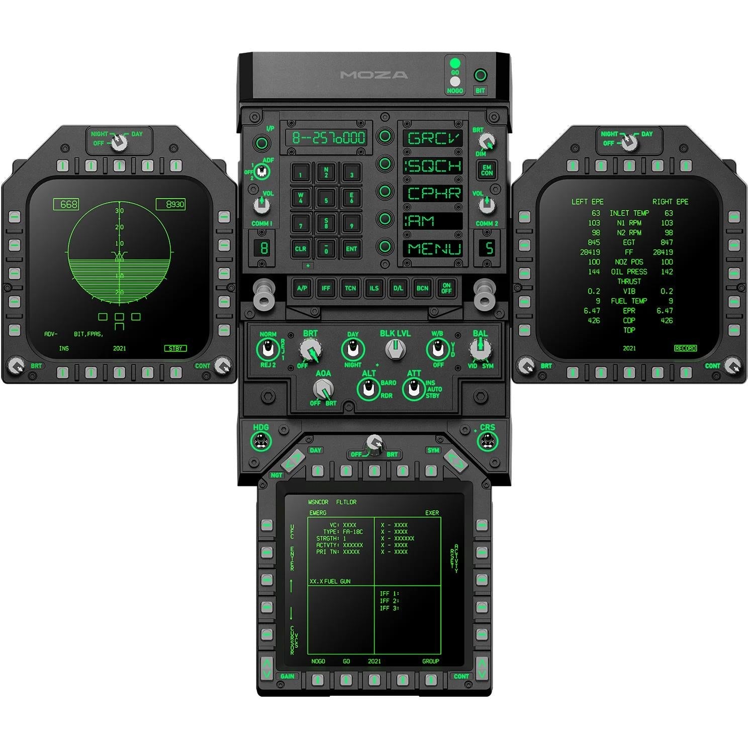 MOZA FMP18 jet front cockpit panel with three displays and green backlit controls