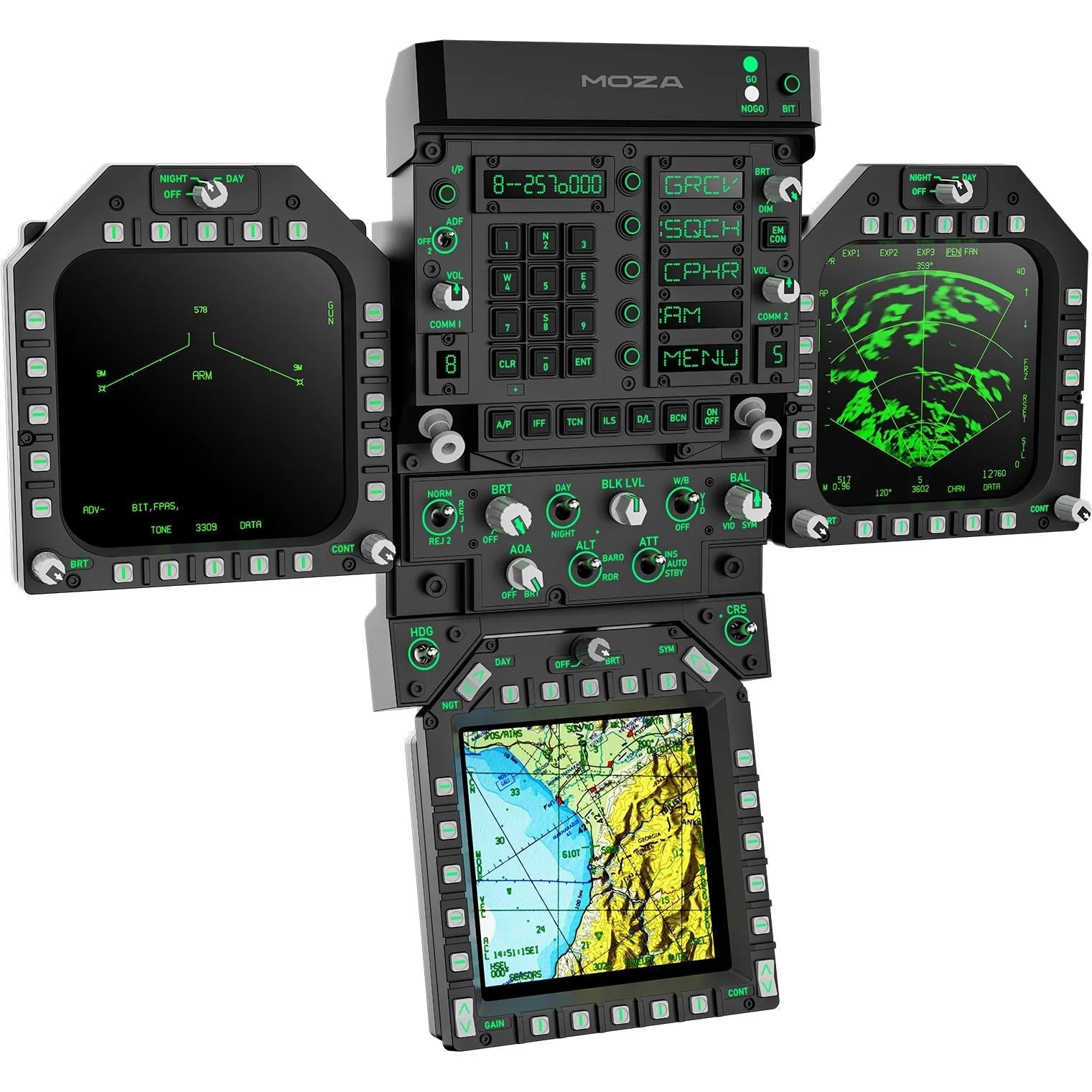 MOZA FMP18 front cockpit panel bundle with three screens and green UI