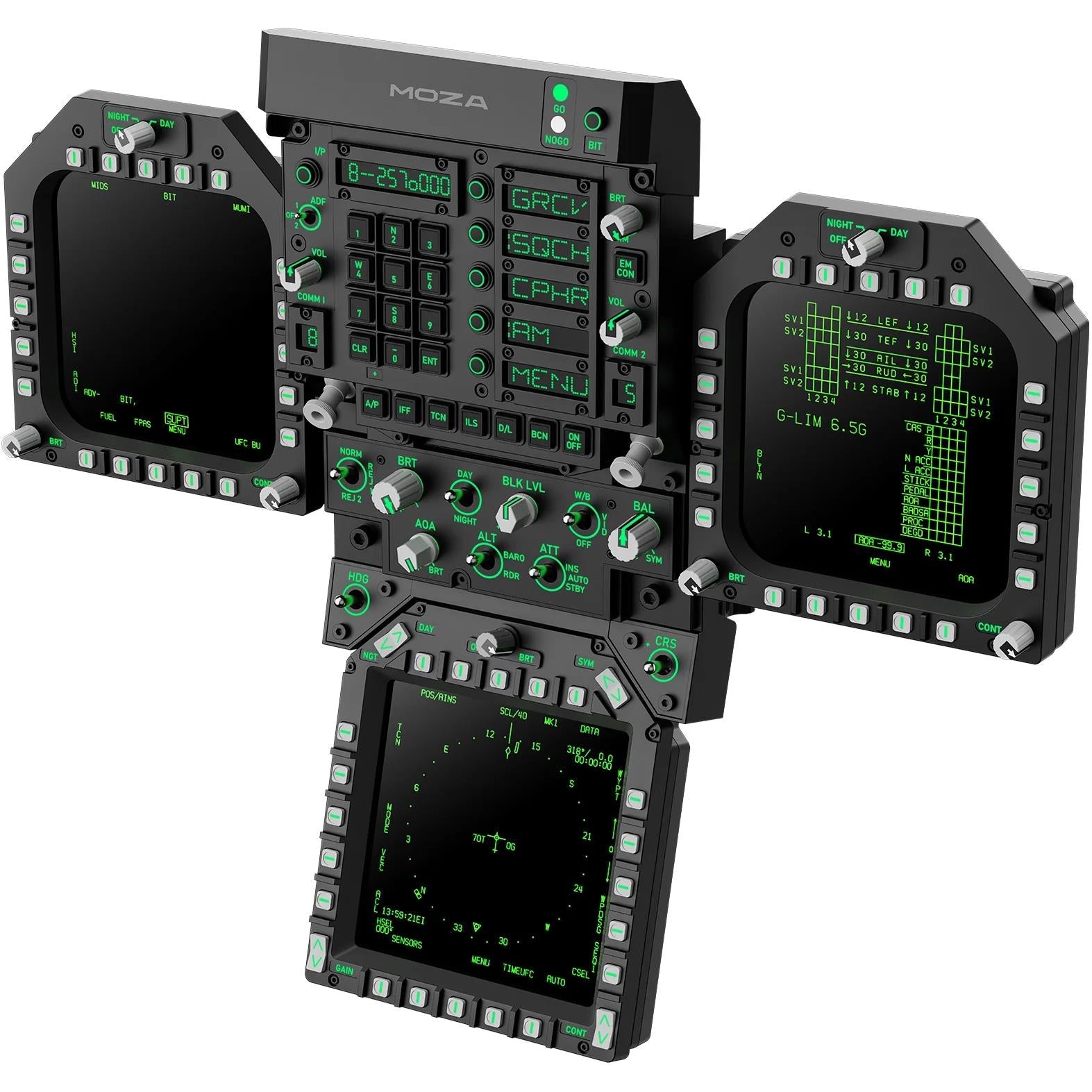 MOZA FMP18 cockpit panel with three angled screens, keypad controls and green readouts