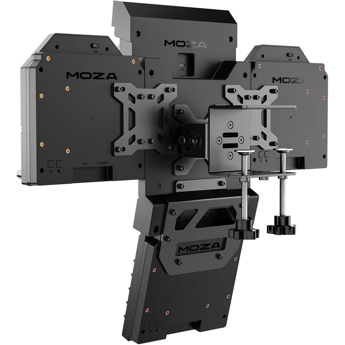 MOZA FMP18 mounting base hardware with metal brackets and adjustment arms