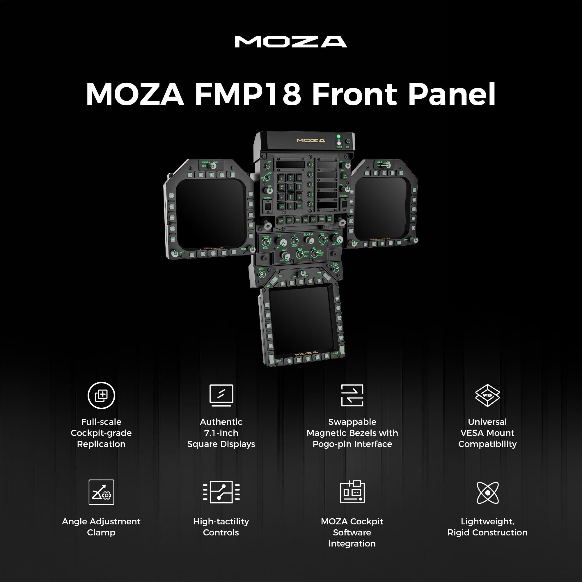 MOZA FMP18 front panel diagram showing three square screens and control module