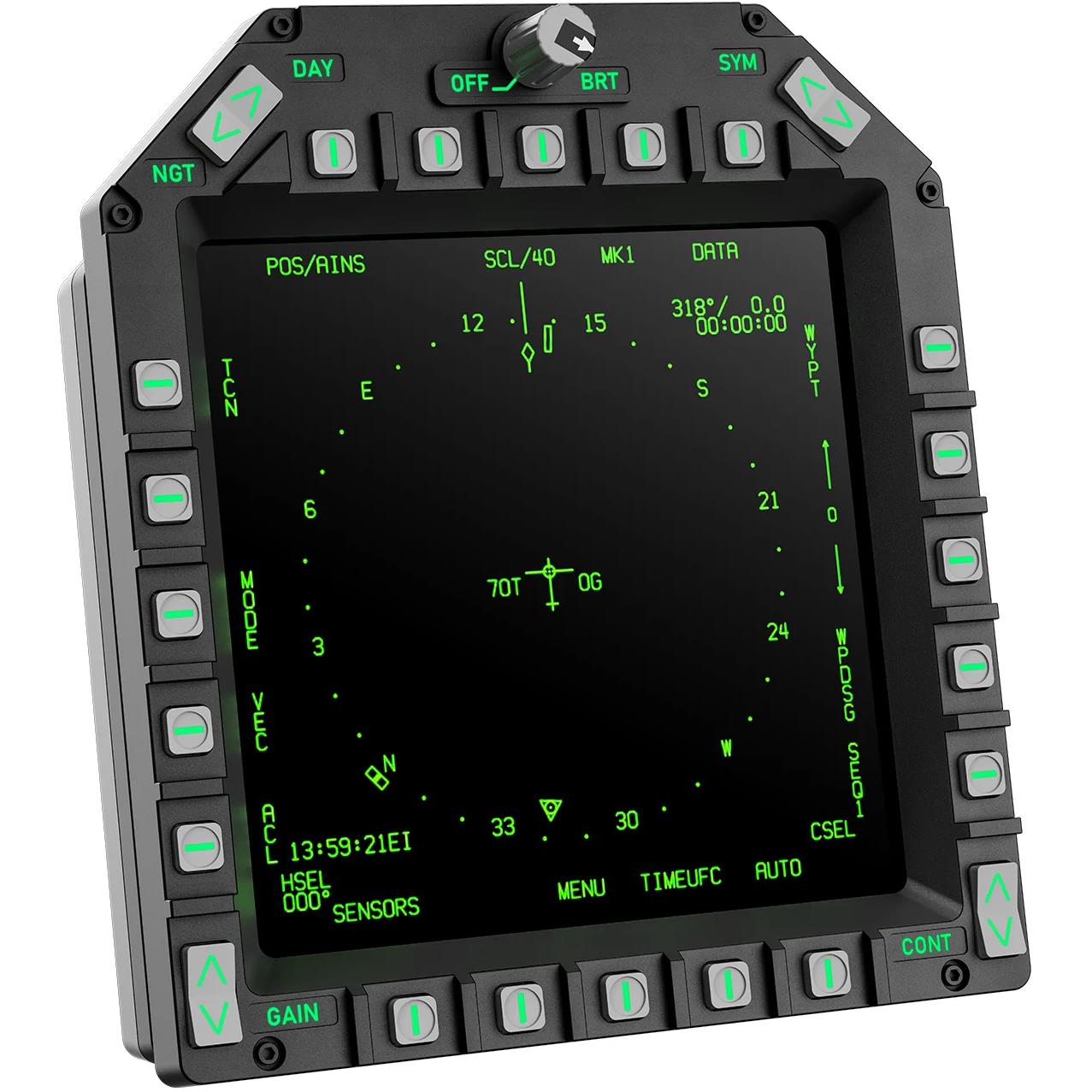 Square cockpit display panel with dark screen and green text and icons