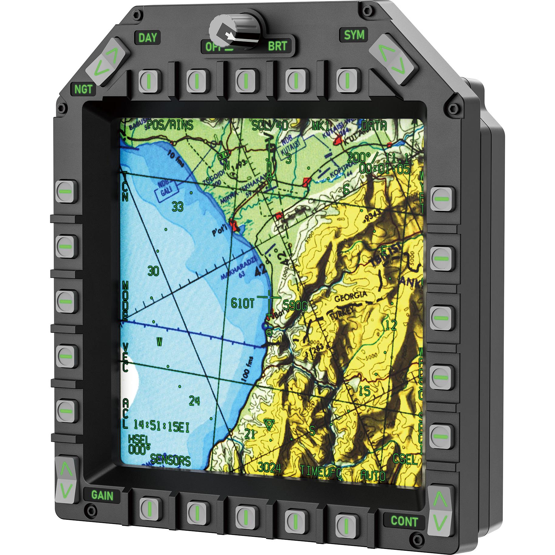 Square cockpit display panel showing a colorful map screen with controls around it