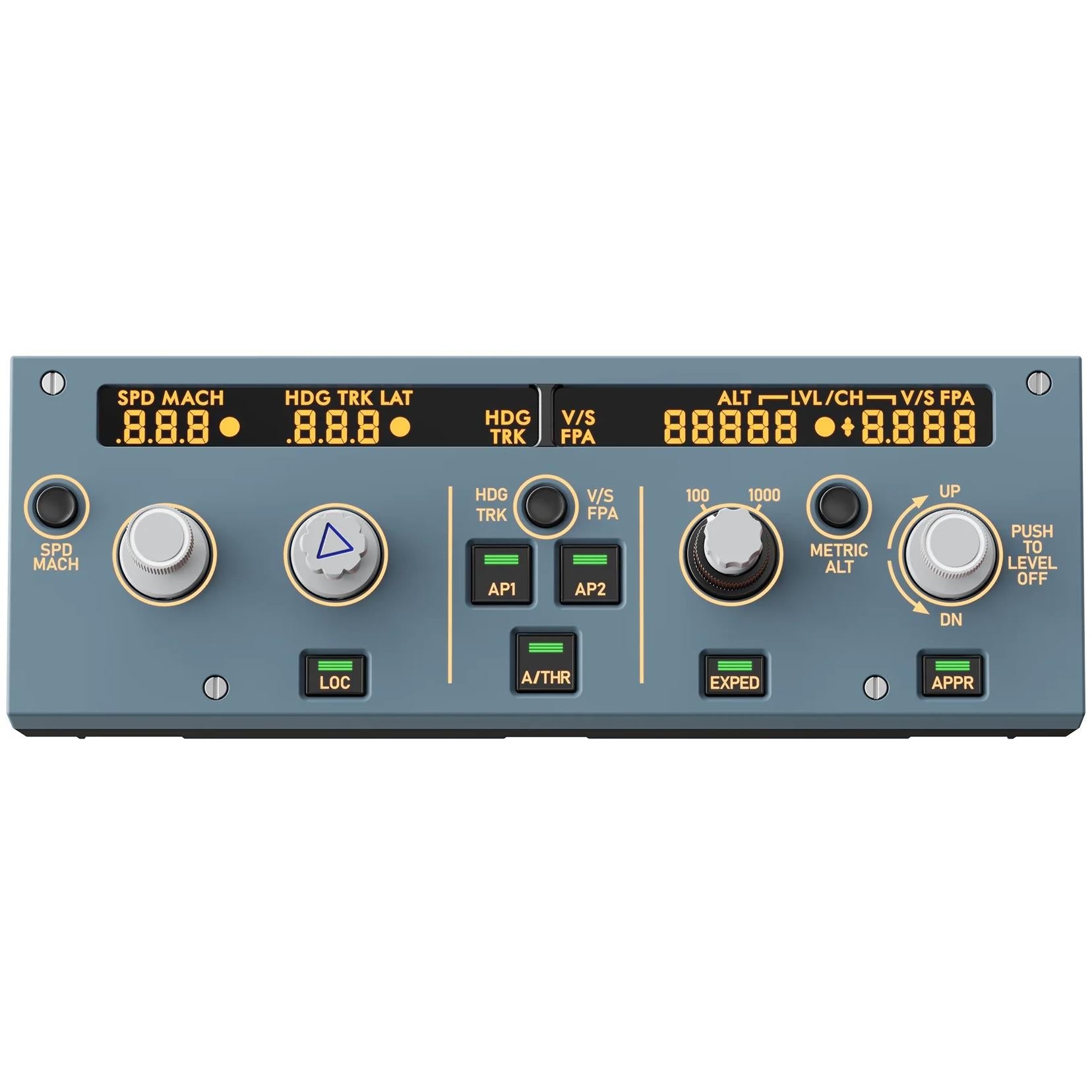 Grey flight control unit main panel with displays, knobs, and labeled buttons