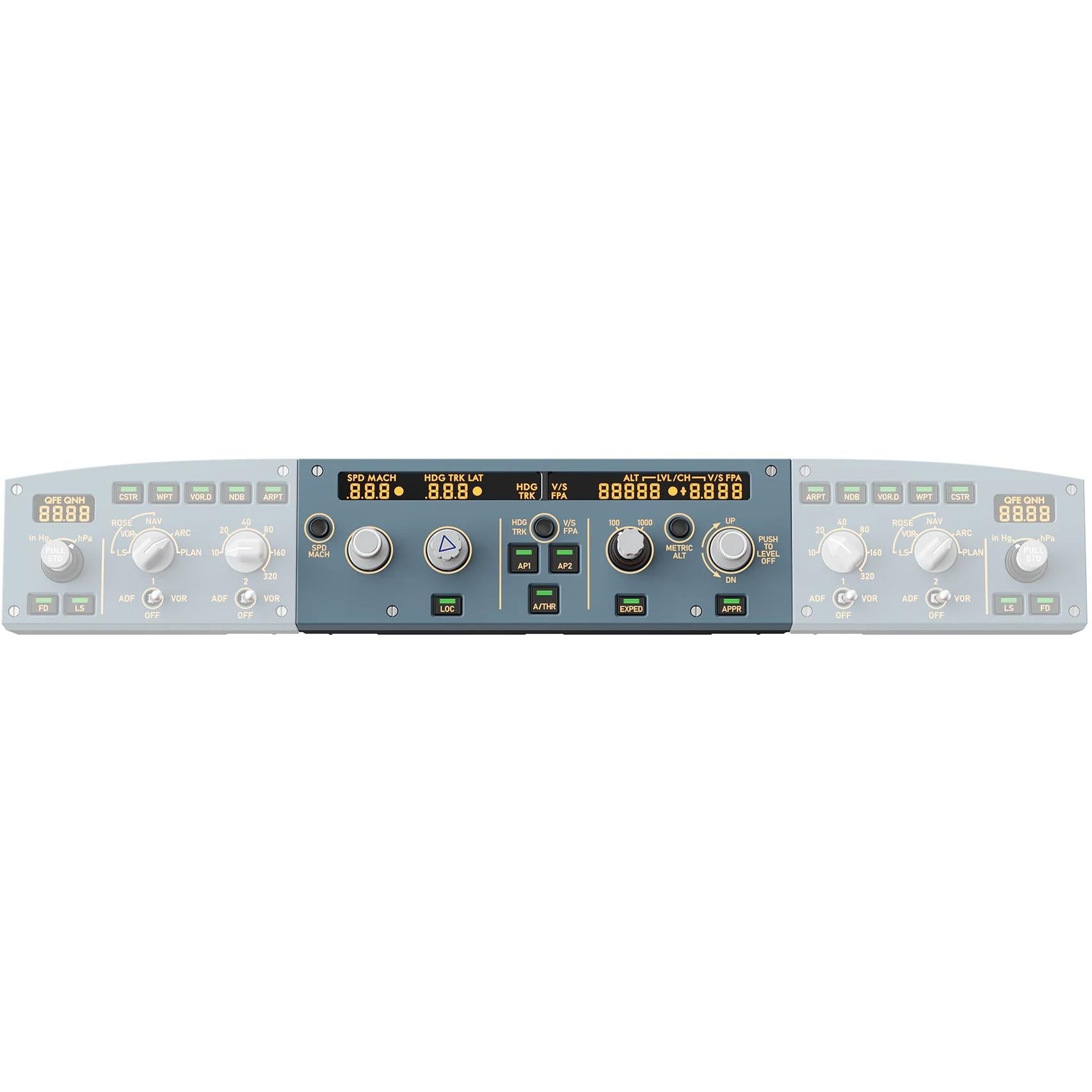 Grey flight control unit panel with large central display, multiple knobs, and buttons