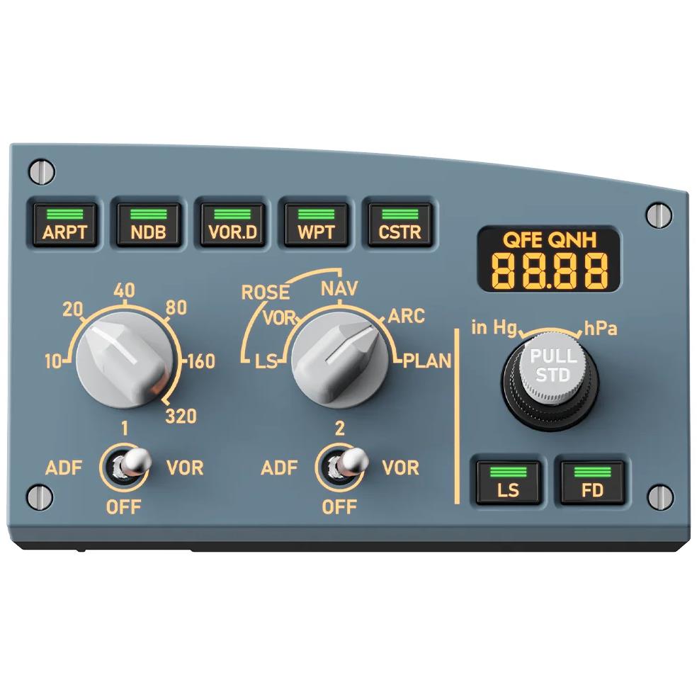 Grey EFIS flight control module front panel with knobs, buttons, and orange digital display