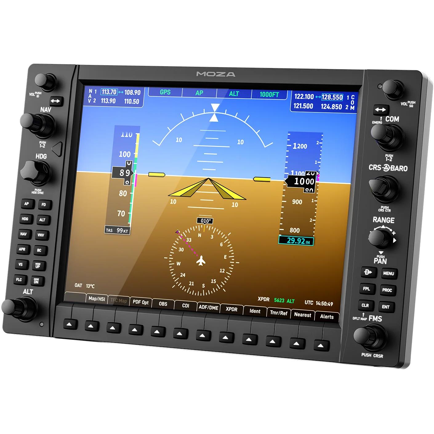 Flight simulator control panel with 10.4-inch display, knobs, buttons, and instrument dials, MOZA