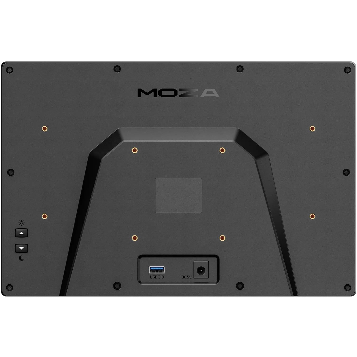Flight simulator control panel rear with MOZA logo, ports, and mounting holes