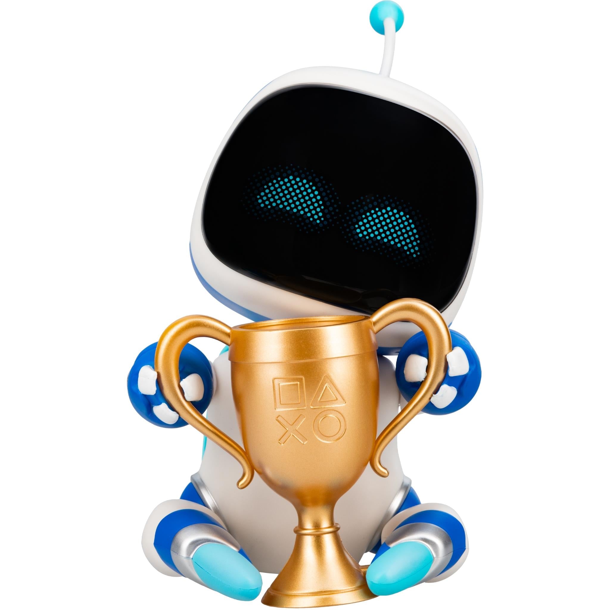 Astro Bot light figurine with trophy cup, blue side accessories, glowing eye dots