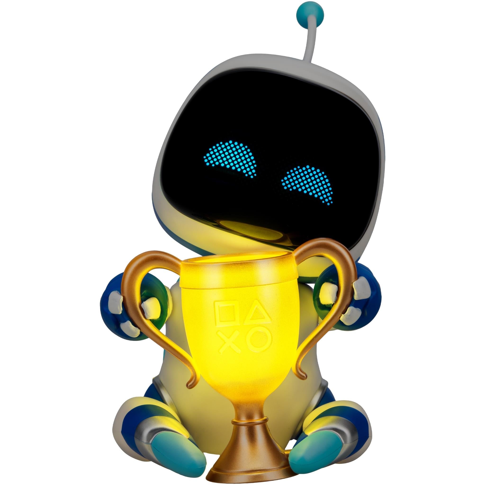Astro Bot light figurine with glowing golden trophy and blue shell arms, dark visor