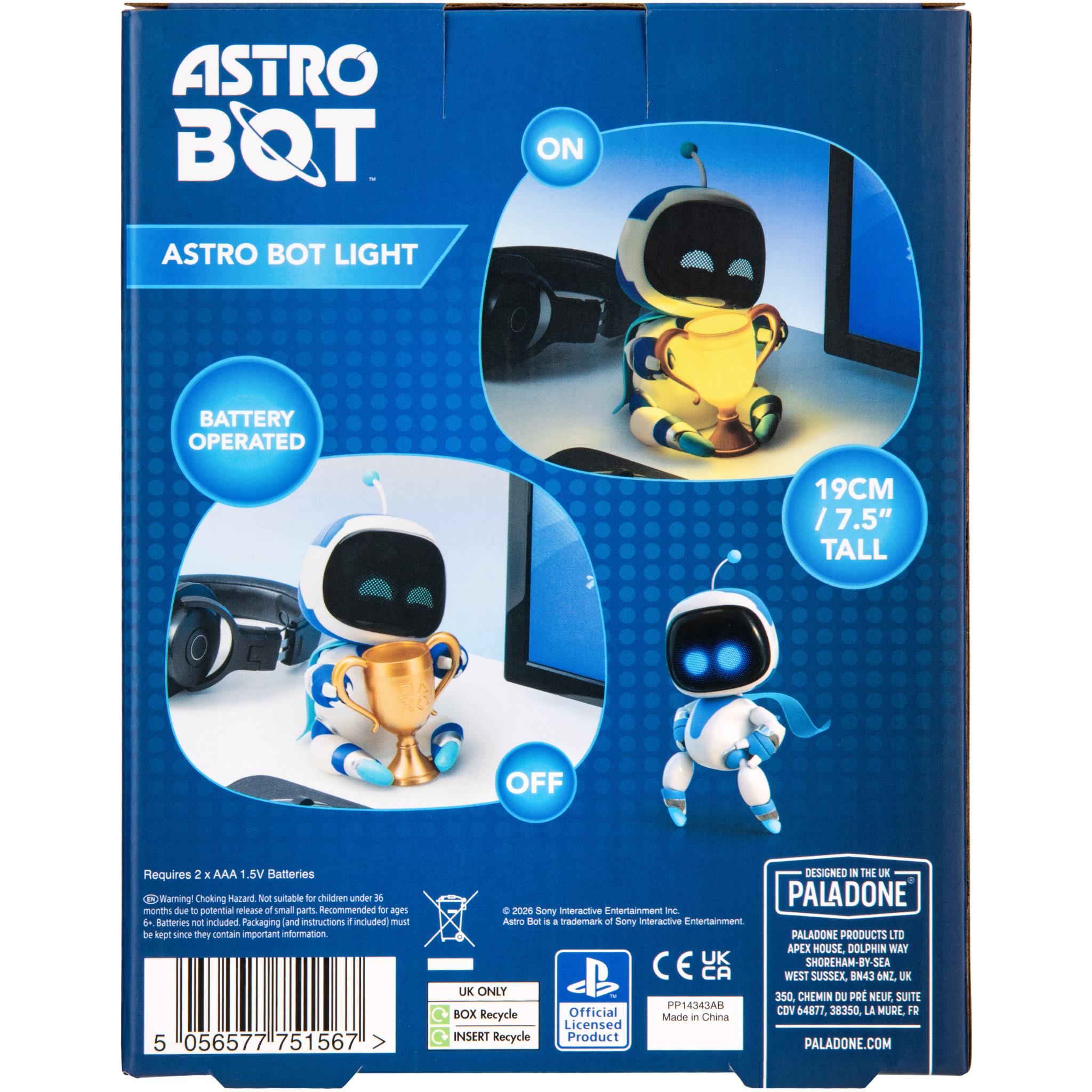 Astro Bot Light GloBuddies box back, battery operated label and 19cm tall