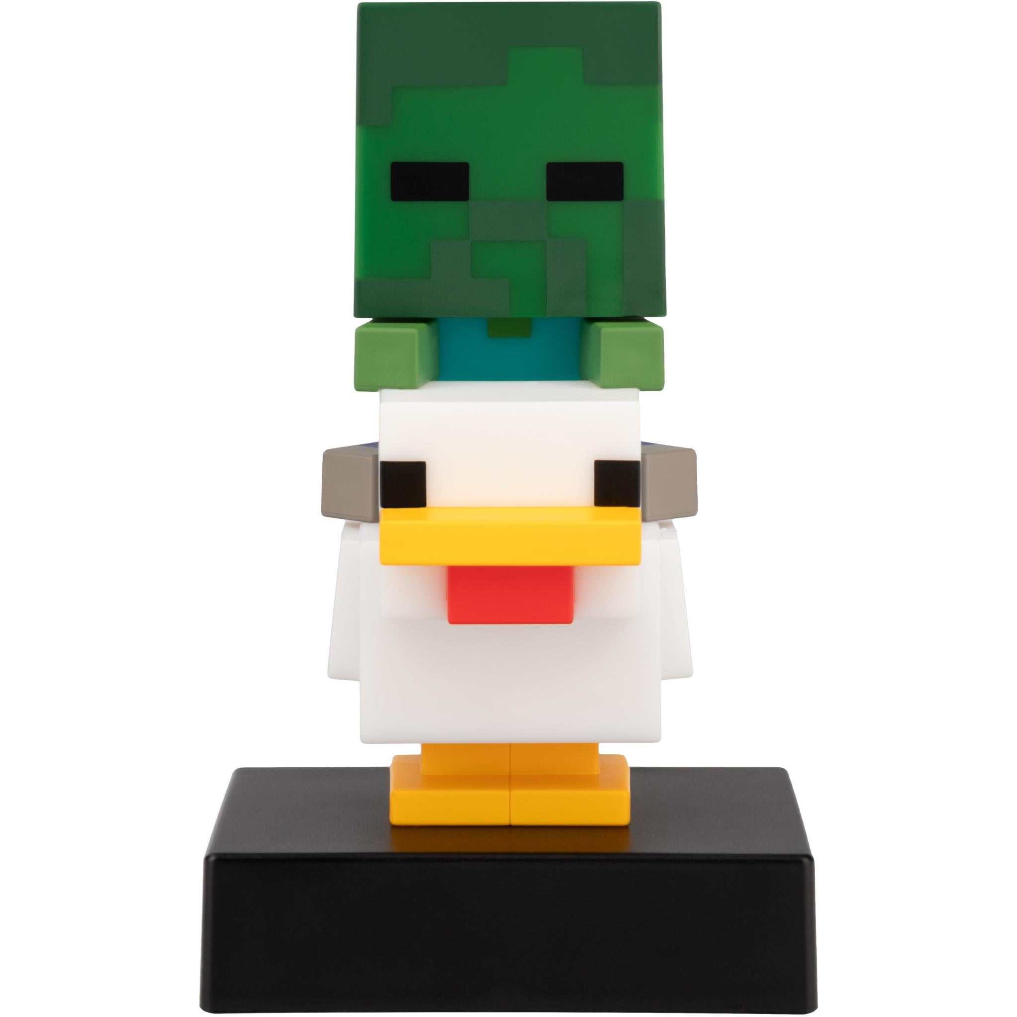 Minecraft-style chicken jockey 3D icon light figure, front view, on black base