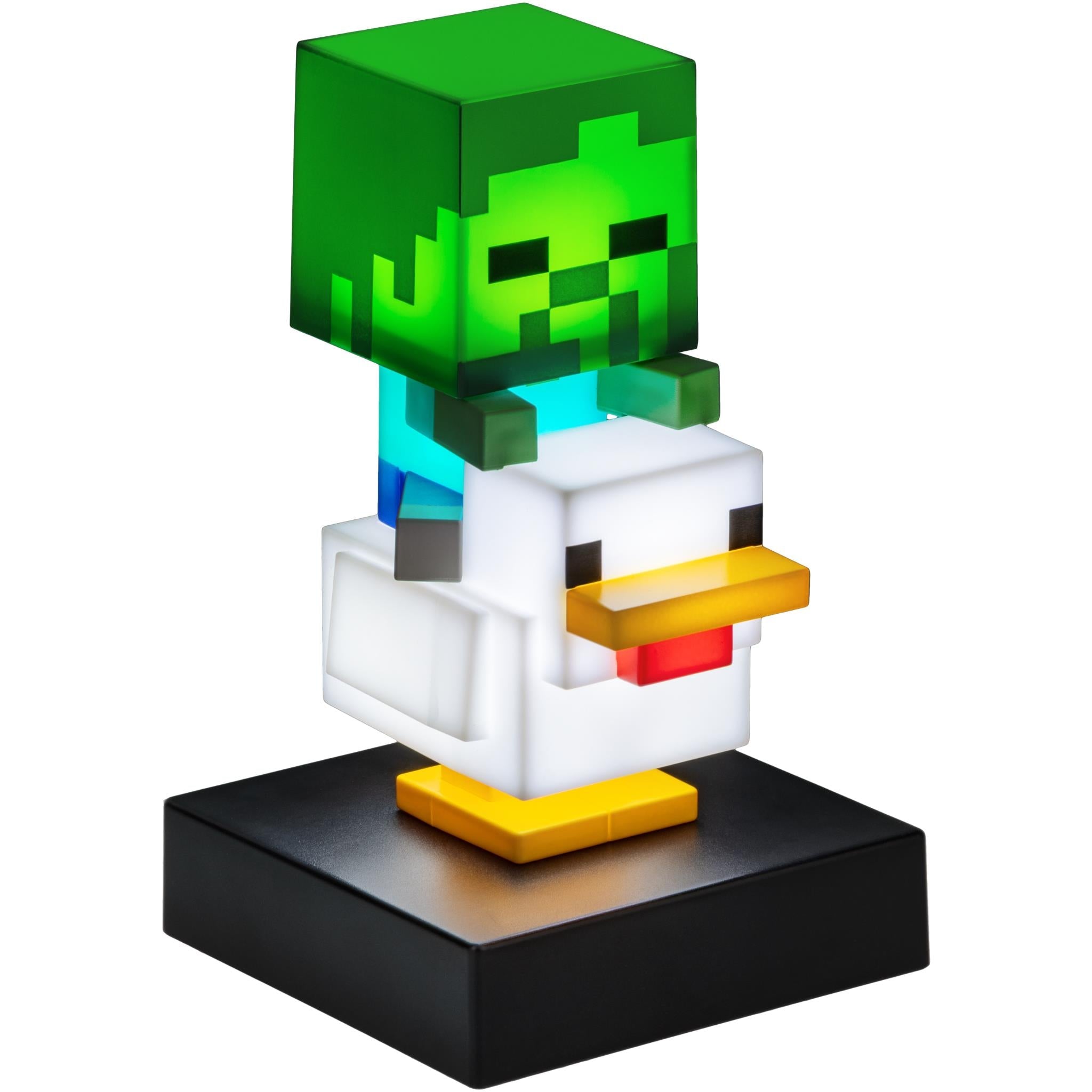 Minecraft-style chicken jockey 3D icon light figure, side view, on black base